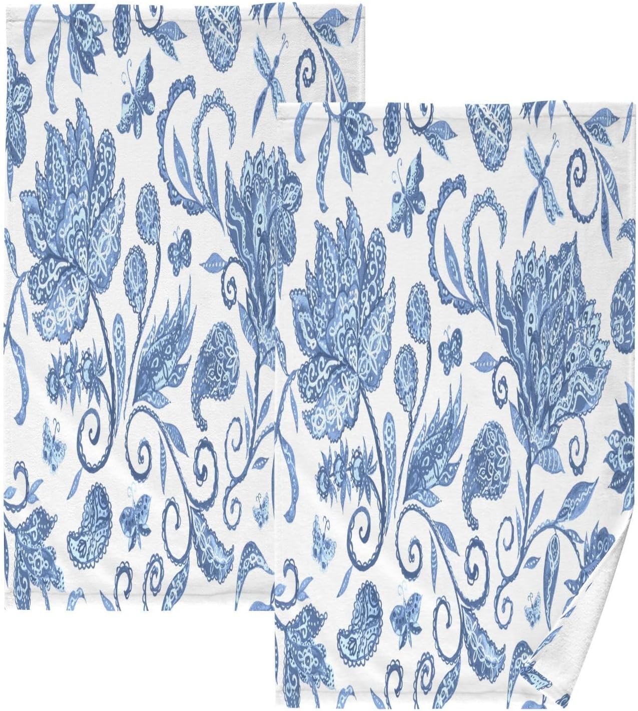 Juego de 2 toallas de algodón, toalla facial de secado rápido con flores azules y blancas, toallas de mano suaves y transpirables para baño,