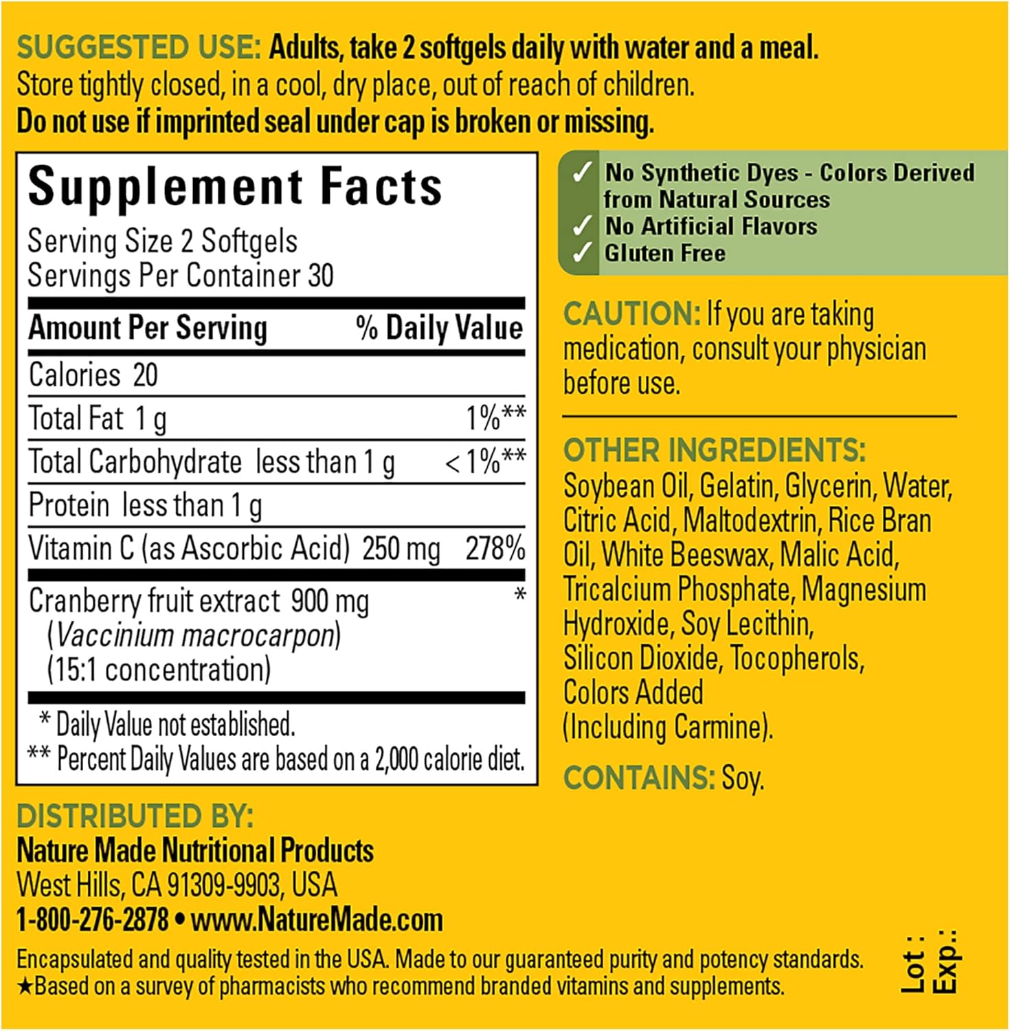 Nature Made Arándano con vitamina C, suplemento dietético para apoyo inmunológico y antioxidante, 60 cápsulas blandas, suministro para 30 días