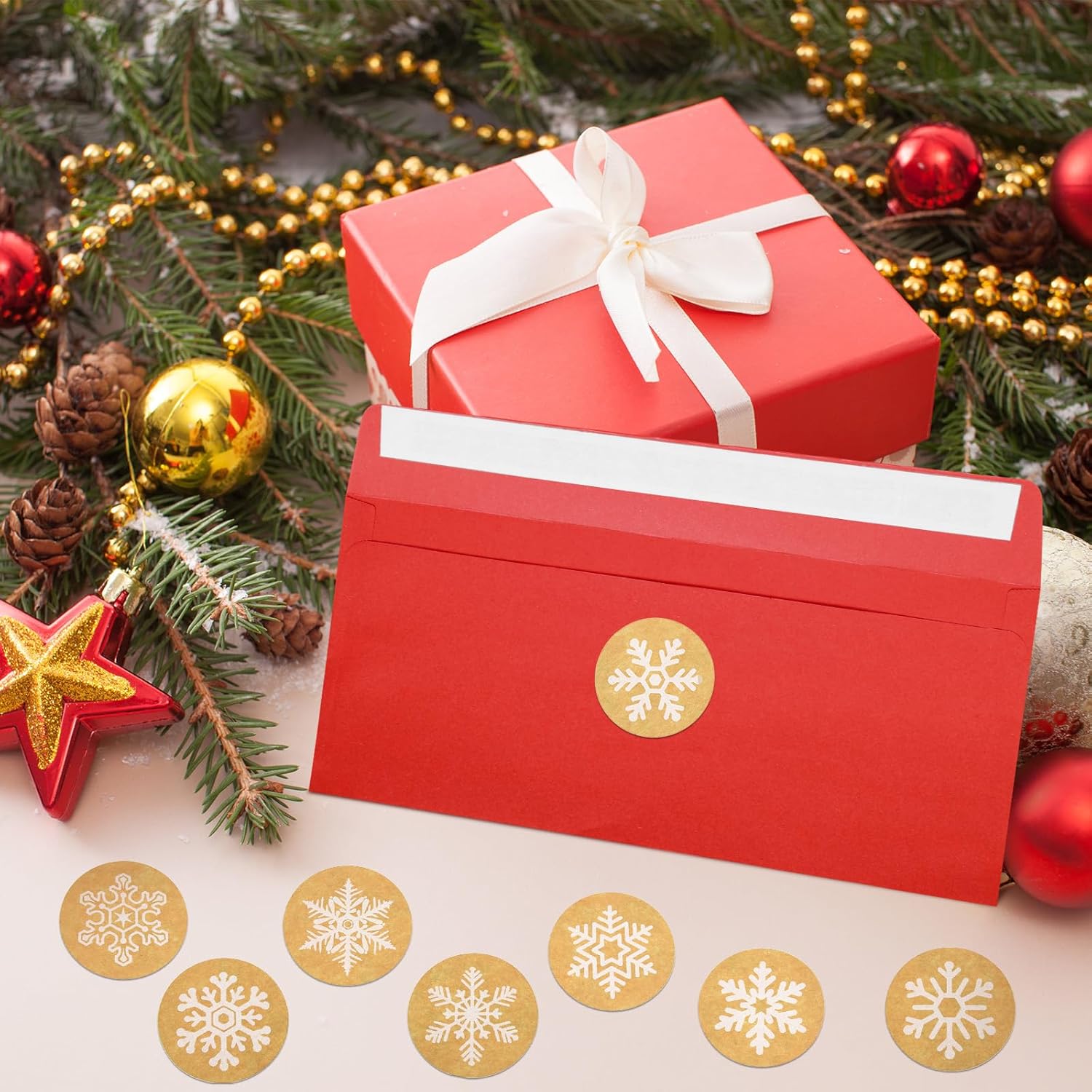 100 sobres con el número 10, sobres para tarjetas de regalo con 200 calcomanías de copos de nieve de papel de estraza de Navidad, calcomanías para