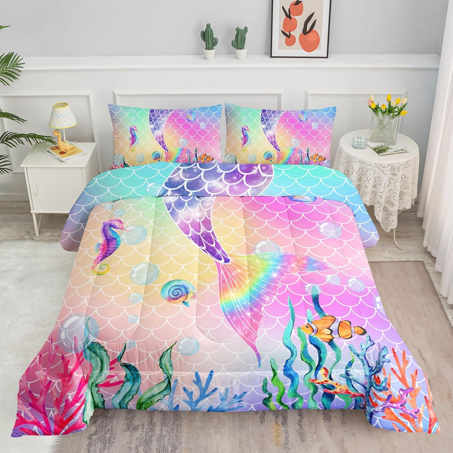Datura home Juego de edredón de cama con estampado de cola de sirena rosa arcoíris con 1 y 2 fundas de almohada para dormitorio de niñas para todas