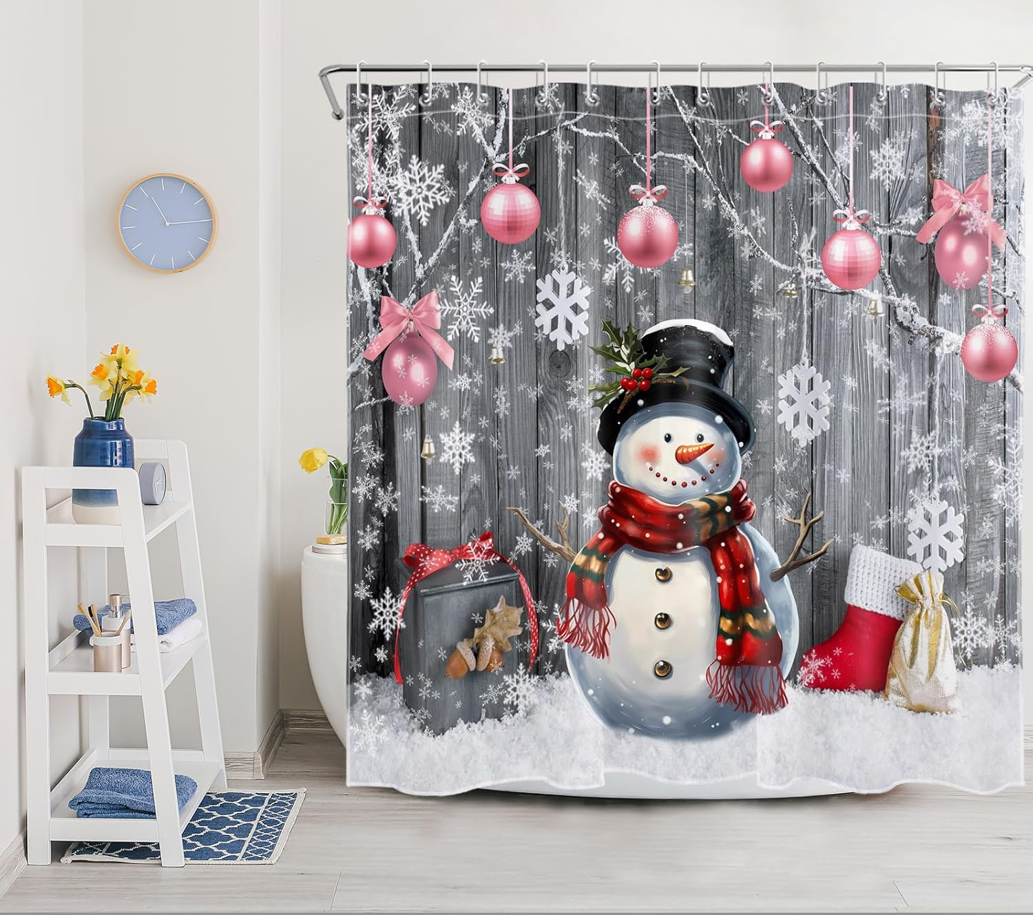 LB Farmhouse Christmas Shower Curtain for Bathroom,Pink Xmas Ball and Funny Snowman on Rustic Retro Grey Wood Fabric Shower Curtain with
