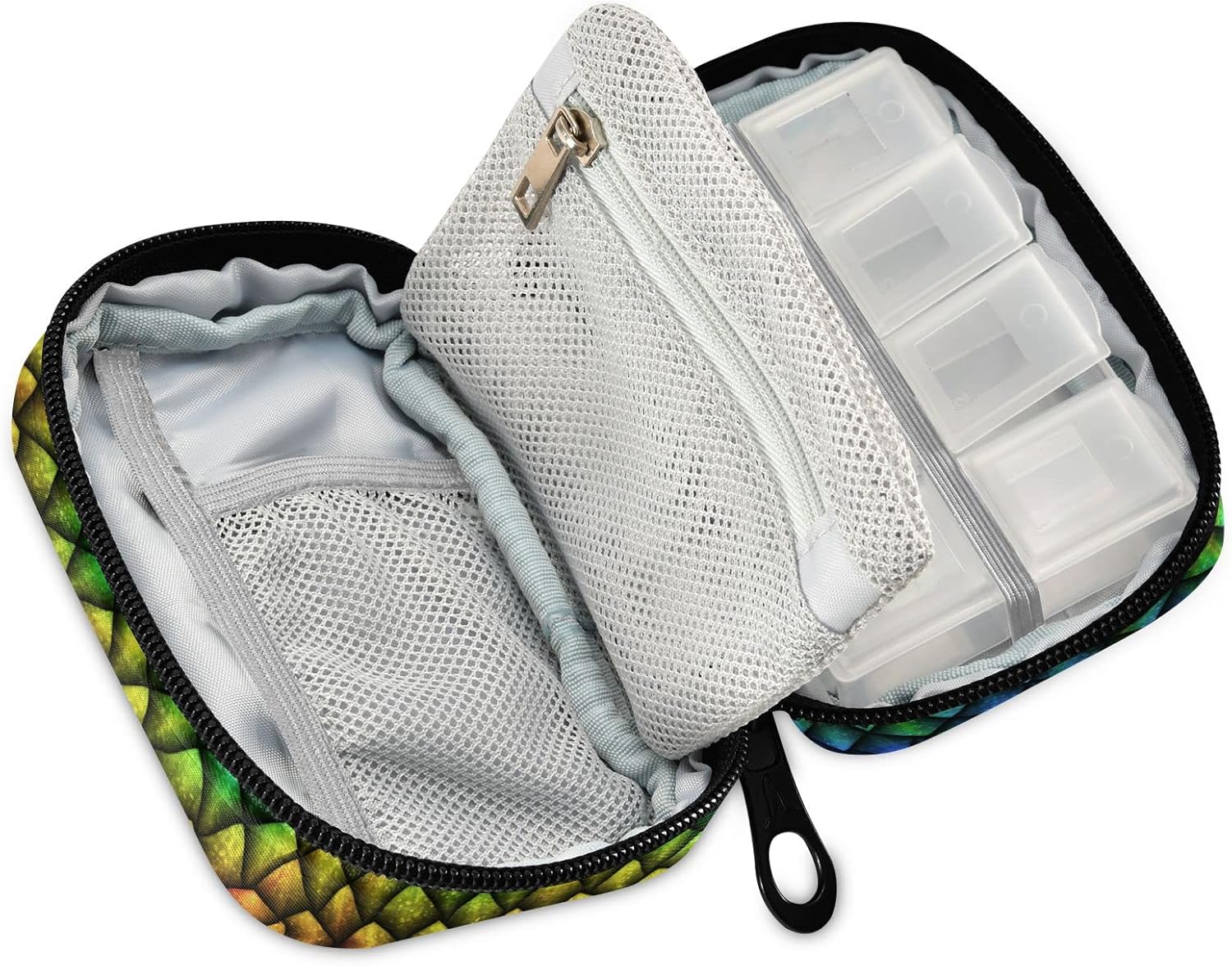 Pastillero Dragon Scales de piel de arco iris, 7 días, organizador de píldoras de viaje, bolsa organizadora de medicamentos, dispensador compacto