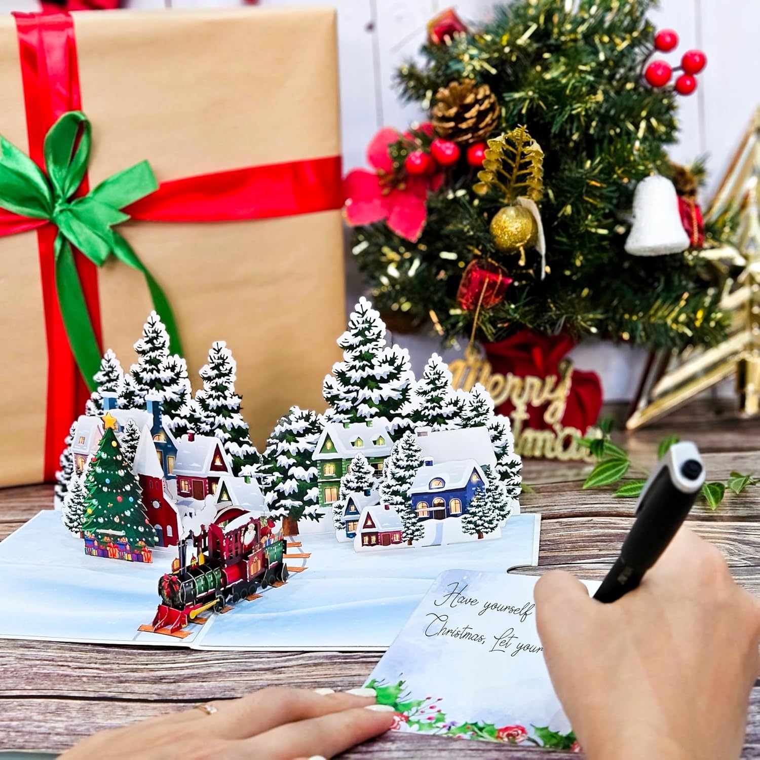 By 22CRAFT – Tarjetas de Navidad emergentes de 22 CRAFT en 3D, tarjetas de Navidad emergentes en 3D de Train Village, tarjeta de felicitación de