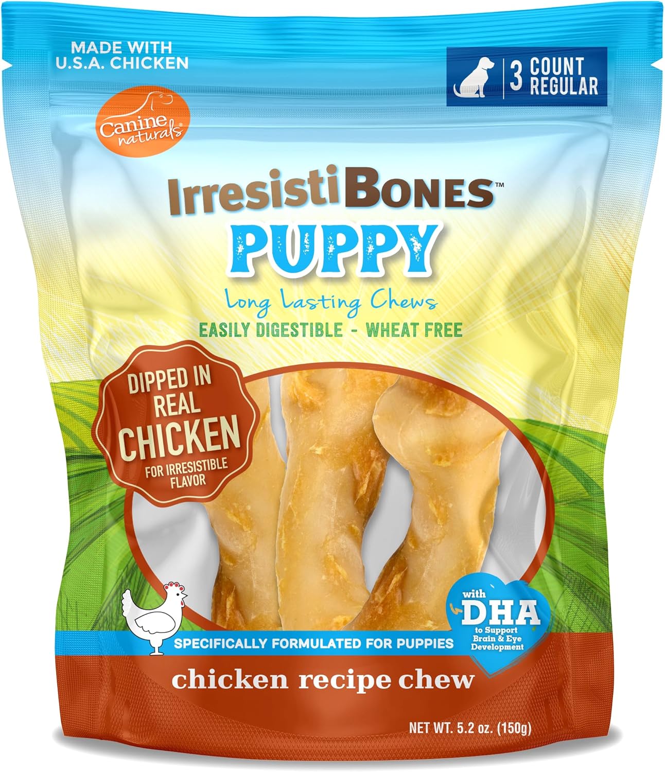Canine Naturals IrresistiBONES – Masticable de pollo y arroz para cachorros de larga duración, hecho con pollo estadounidense, totalmente natural,