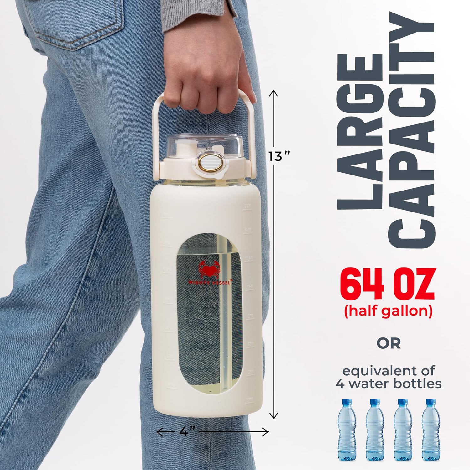 Botella de agua de vidrio de 64 onzas  Botella de agua blanca con popote y marcador de tiempo  Botella de agua de medio galón con medidas y funda de