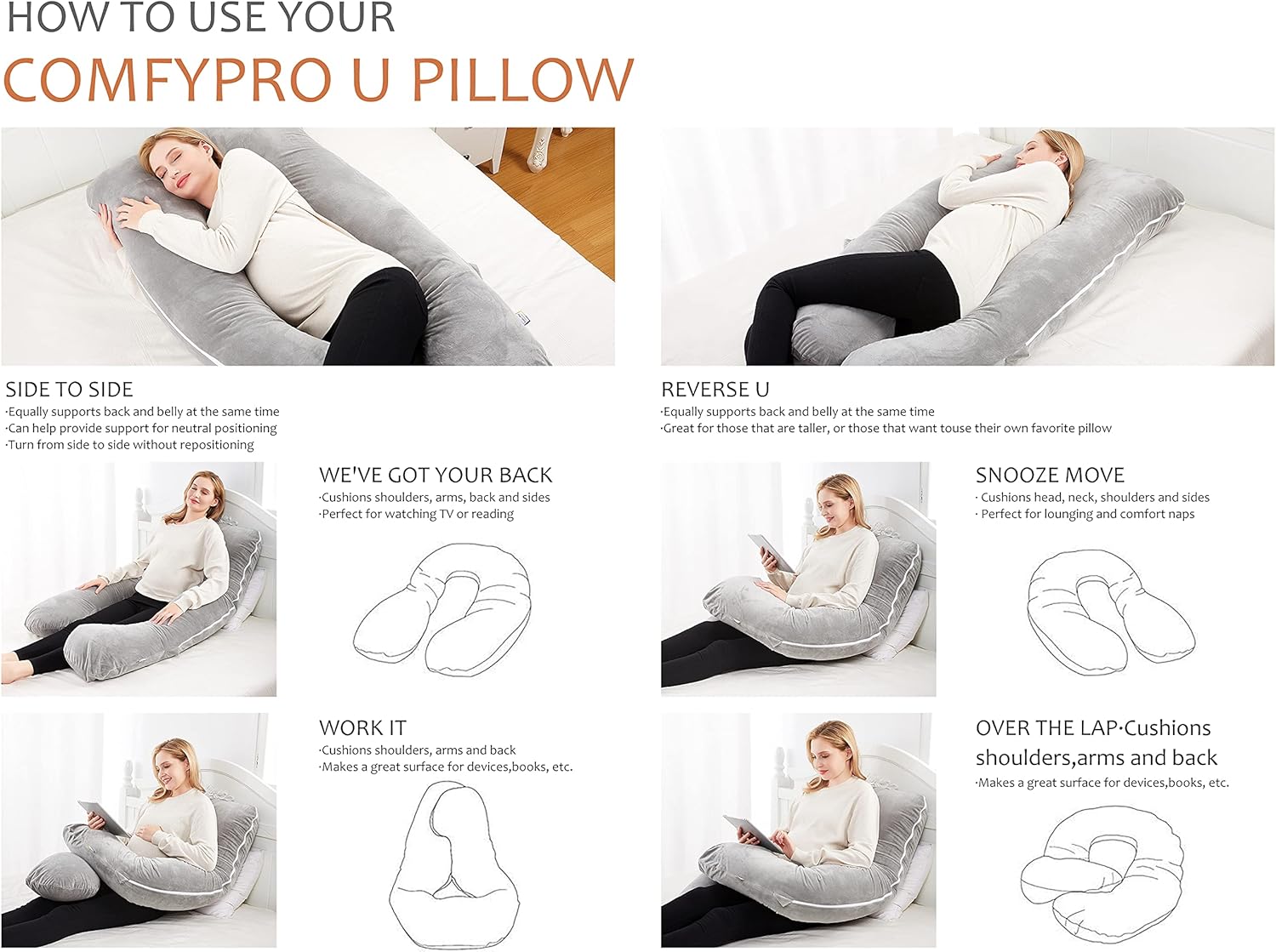 COMFYPRO Almohada de embarazo  Almohada de maternidad transpirable 100% poliéster con funda de terciopelo suave lavable con cremallera  Almohada de