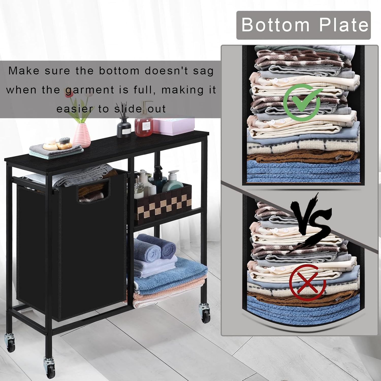 Clasificador de ropa con estante lateral de hierro, cestas de lavandería con bolsas extraíbles y extraíbles de 45 L, cesta de ropa con ruedas,