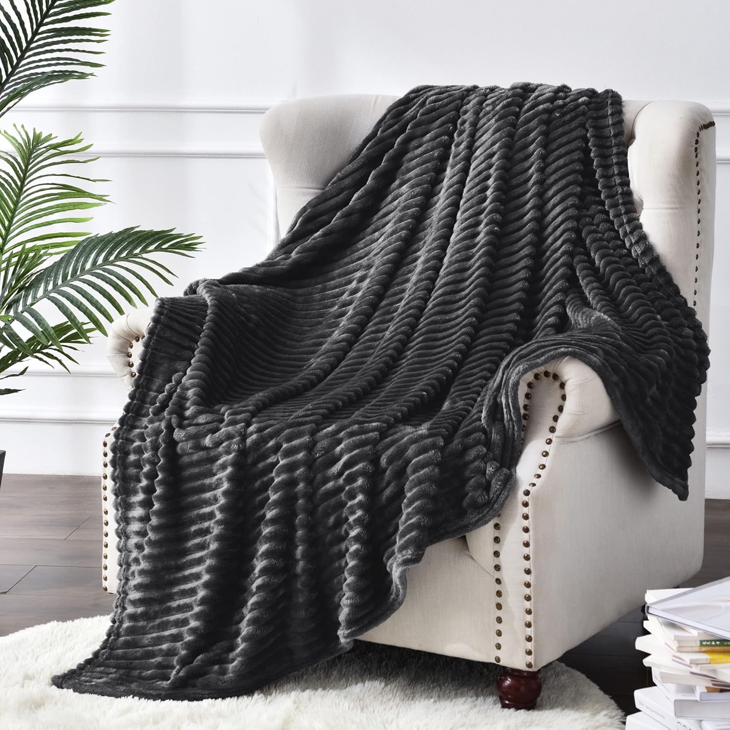 BEDELITE Manta de vellón tamaño individual  Manta decorativa de jacquard acanalado 3D, suave y cálida, acogedora, esponjosa, ligera de felpa para