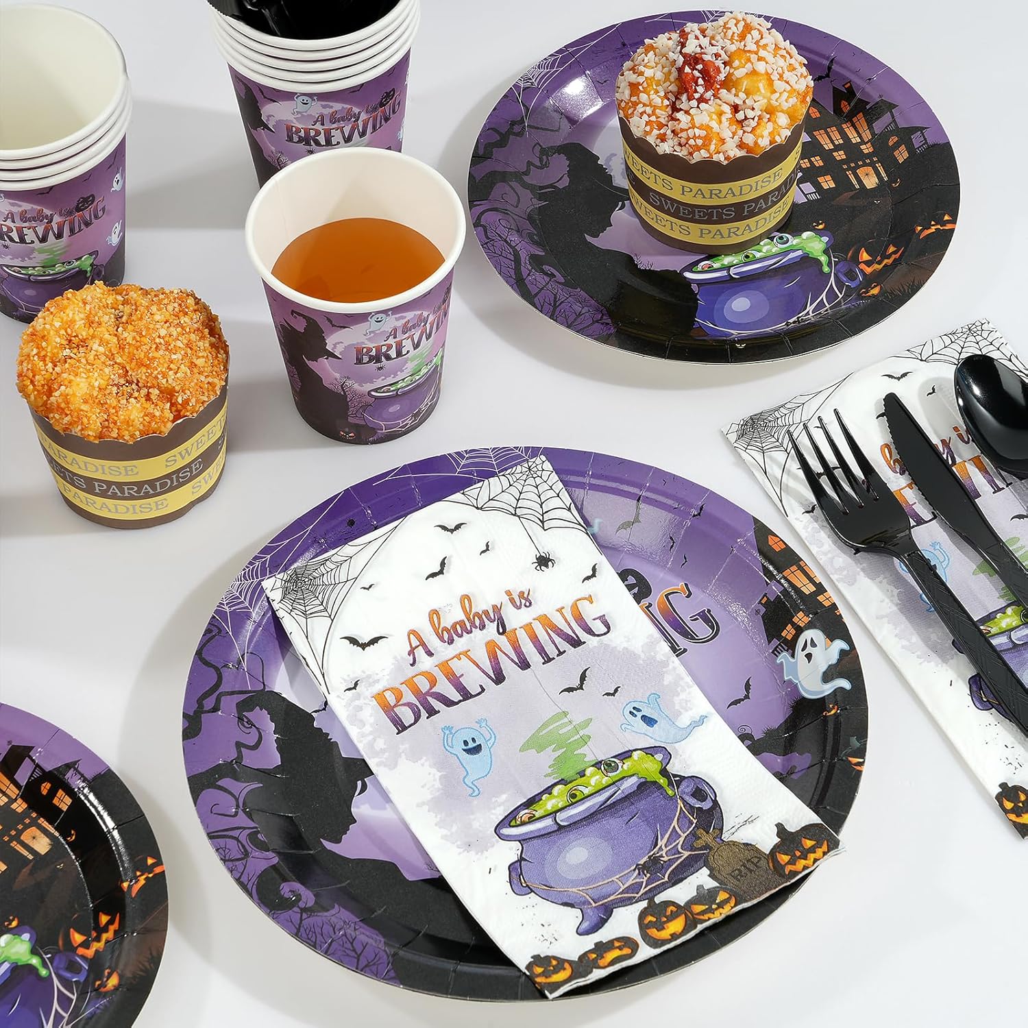 Decoración de suministros de fiesta de baby shower de Halloween, juego de platos y servilletas para baby shower, platos de papel desechables,