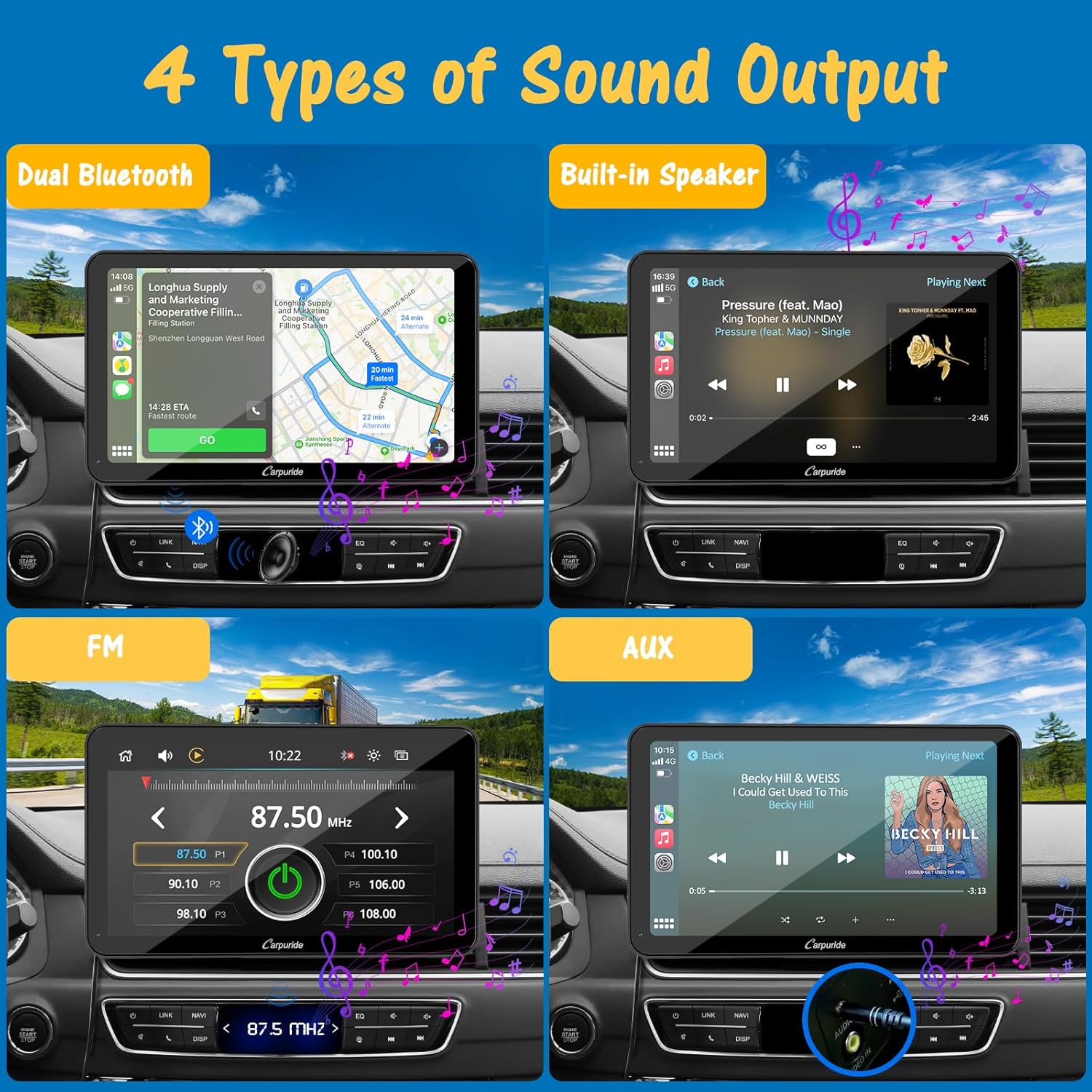 Carpuride w701 Pro portátil BT Stereo, Carplay inalámbrico y Android Auto con cámara de respaldo, Bluetooth dual, enlace espejoGPSSiriFM, soporte