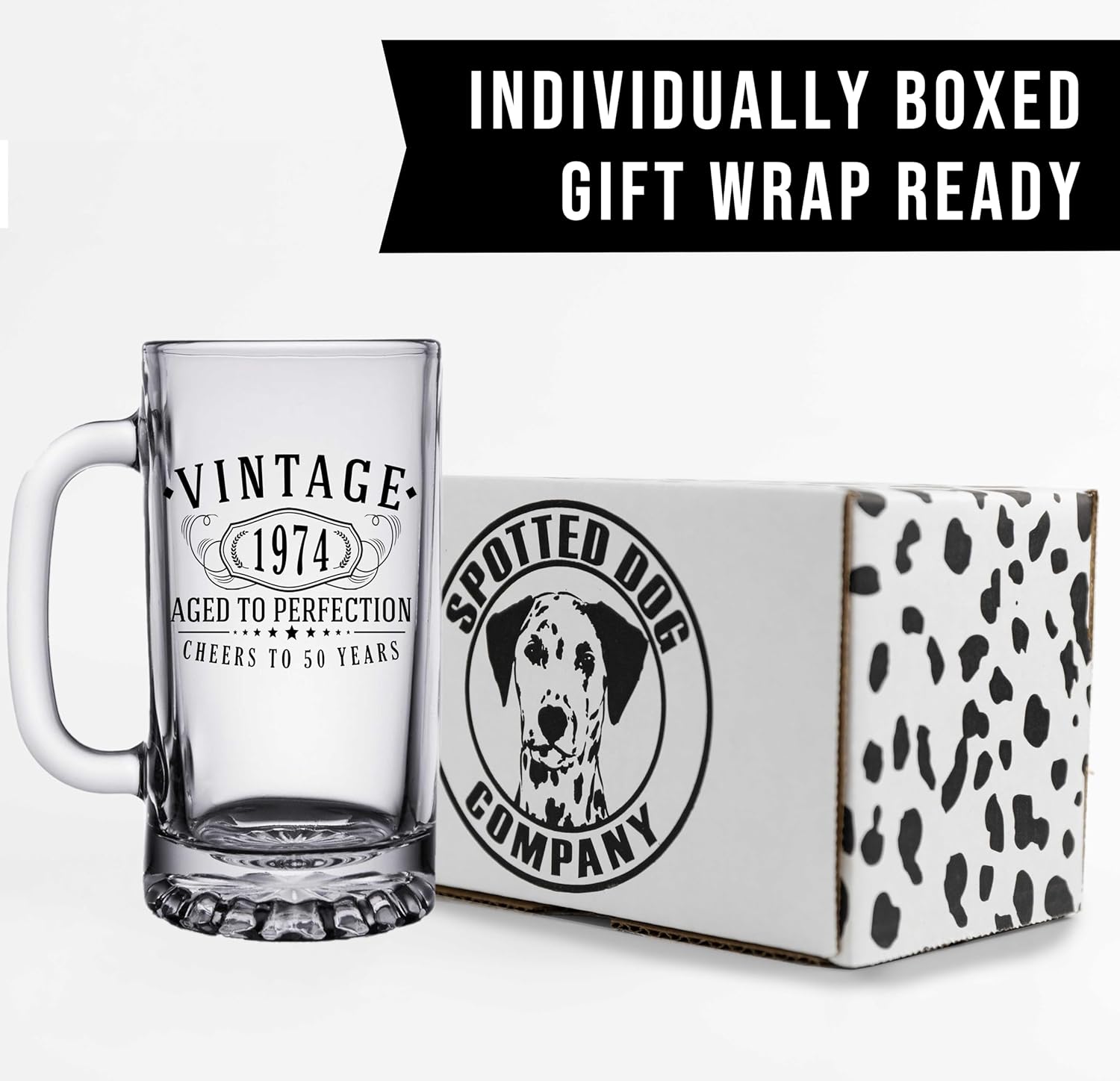 Taza de cerveza de vidrio con estampado negro vintage de 1974 de 16 onzas, regalos de feliz cumpleaños 50 para hombres y mujeres, saludos a 50 años,