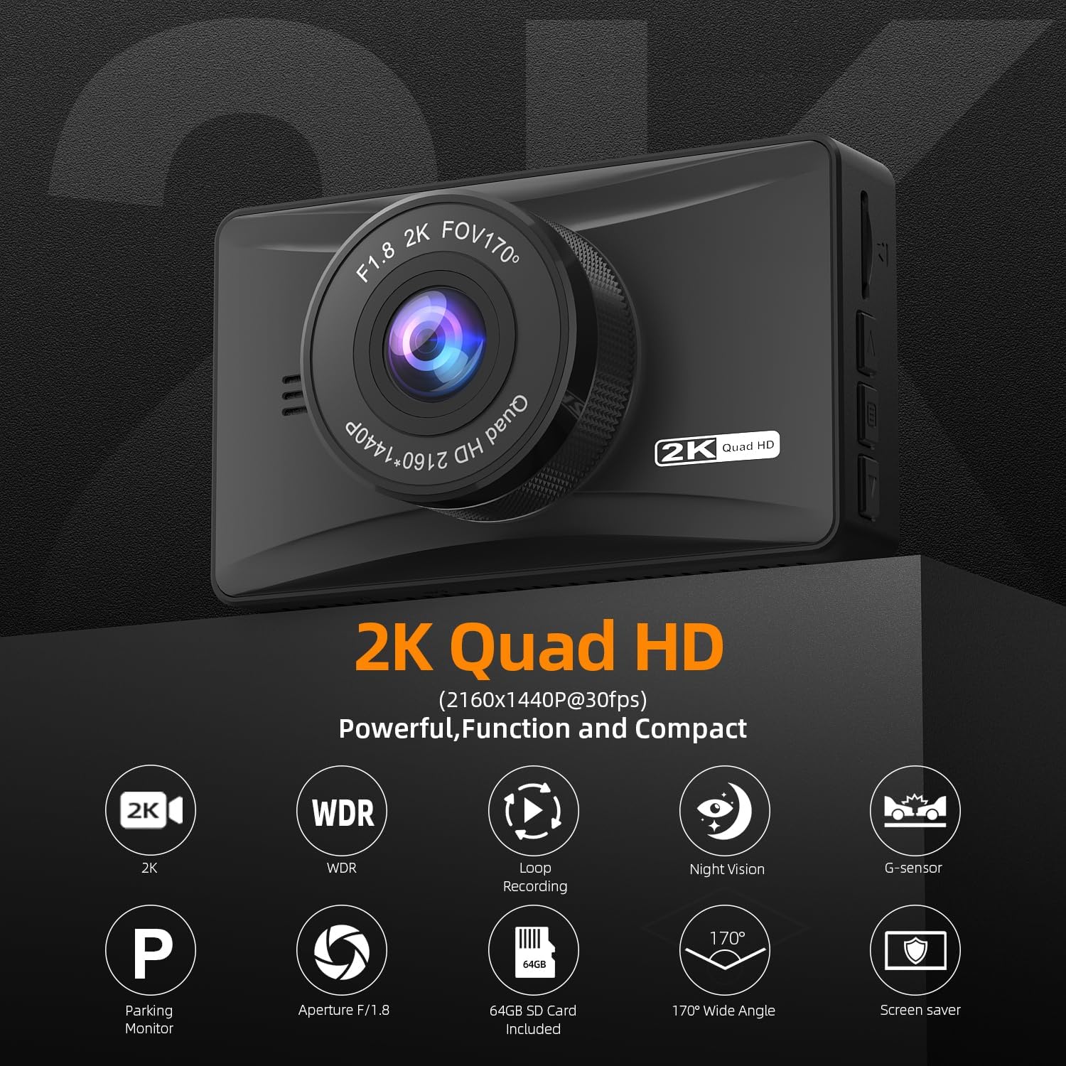 Dash Cam frontal 2K con tarjeta SD de 64 GB 1440P Quad HD Cámara de tablero para autos Pantalla IPS de 3 pulgadas, grabadora de conducción con