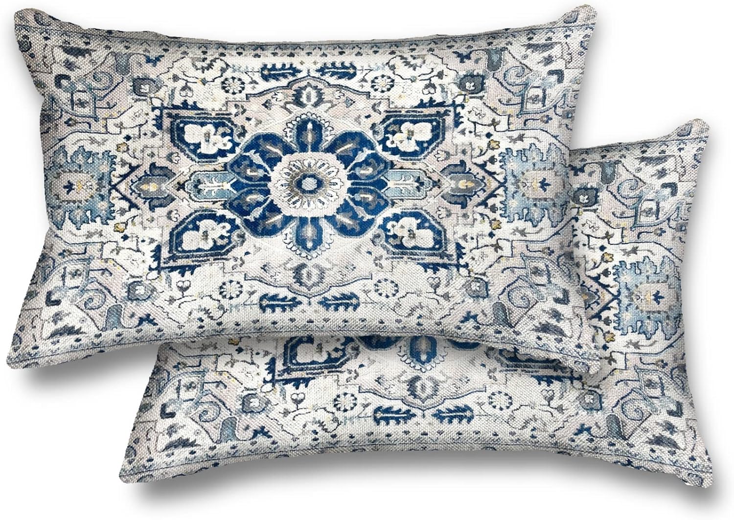 Snycler Juego de 2 fundas de almohada de estilo bohemio azul con patrón étnico de lino, alfombra persa, patrón tribal, funda de cojín de 12 x 20