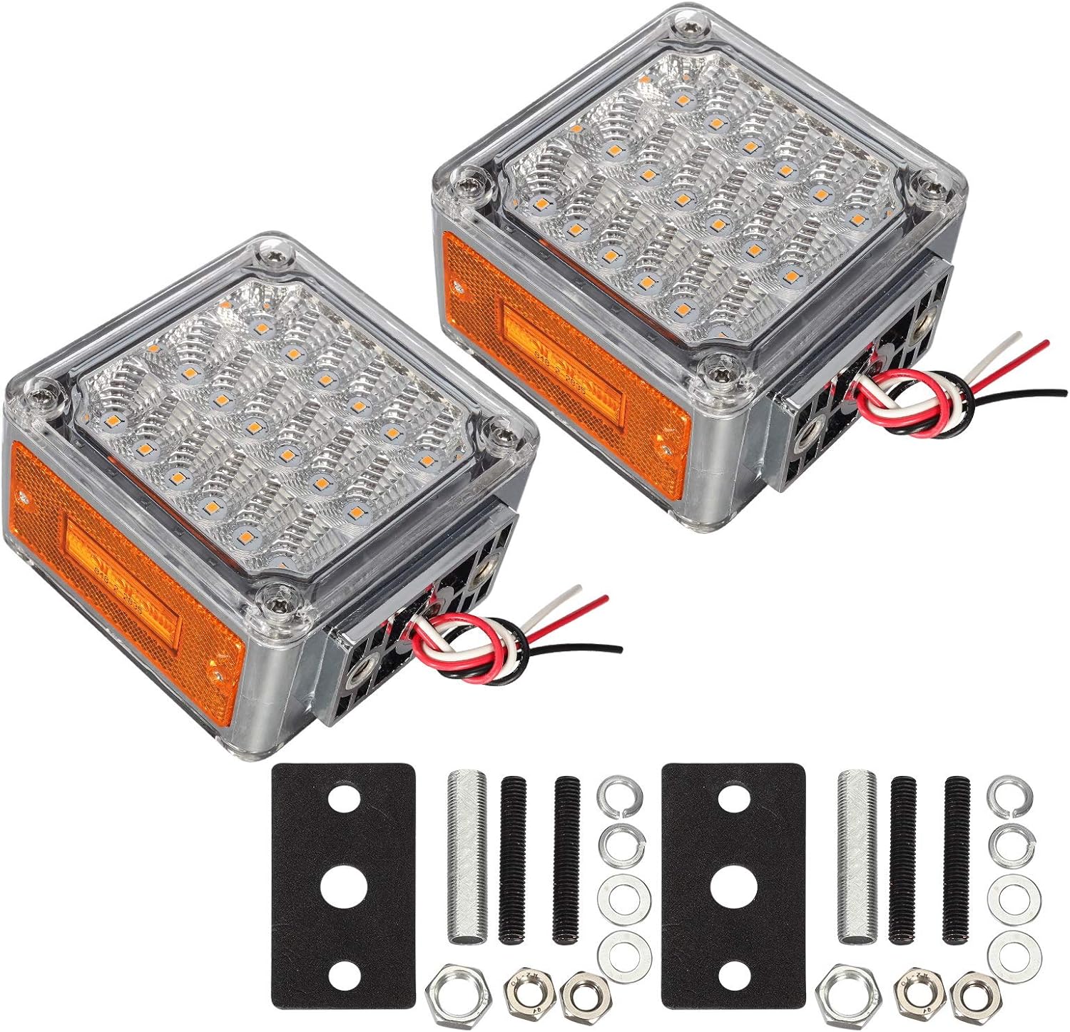 Partsam 2 luces LED cuadradas de doble cara, luces direccionales de estacionamiento, lente transparente, ámbarámbar, 39 luces LED cuadradas con