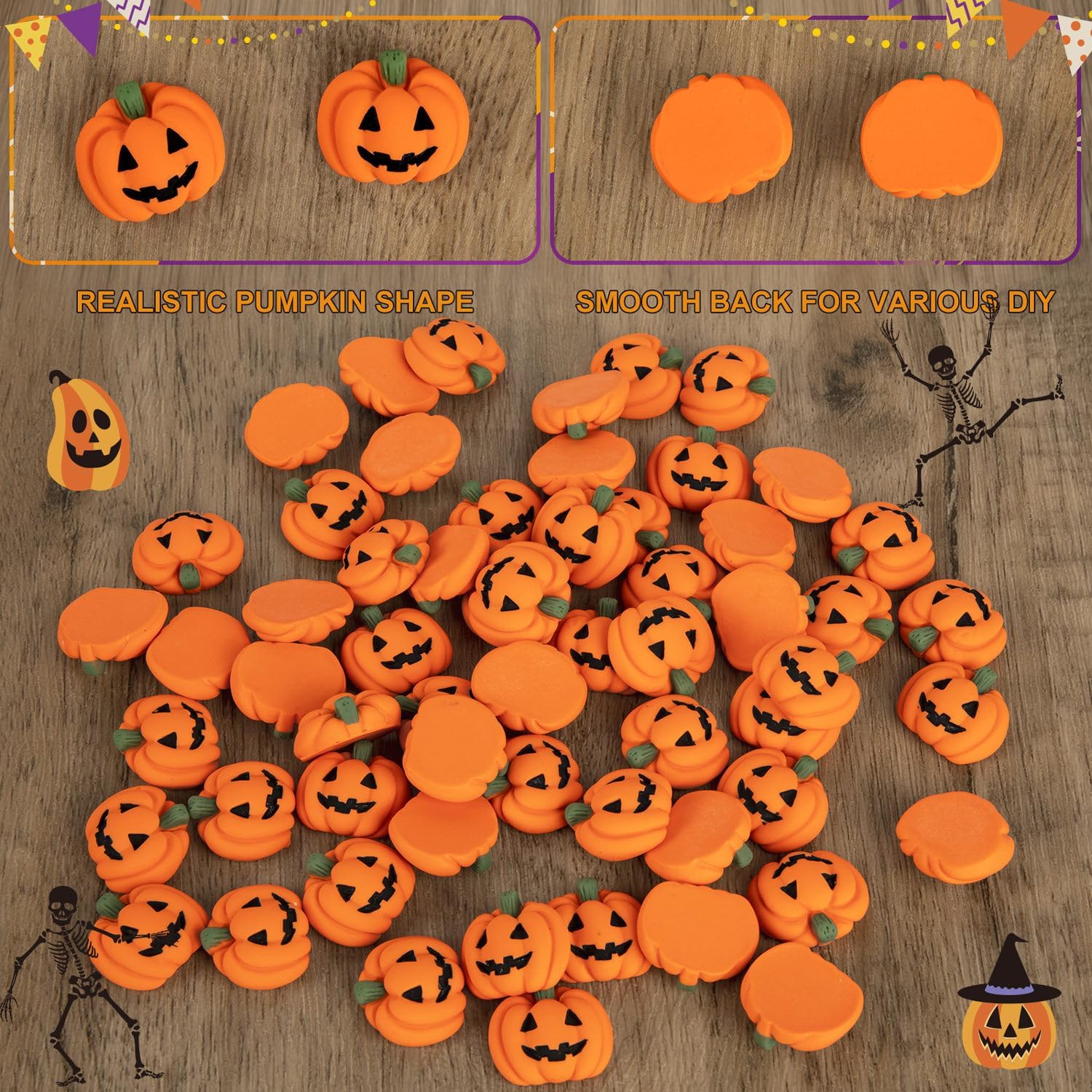 60 dijes de resina de Halloween con diseño de calabaza, mini dijes de espalda plana, calabaza, calabaza sonriente en miniatura para fiesta de