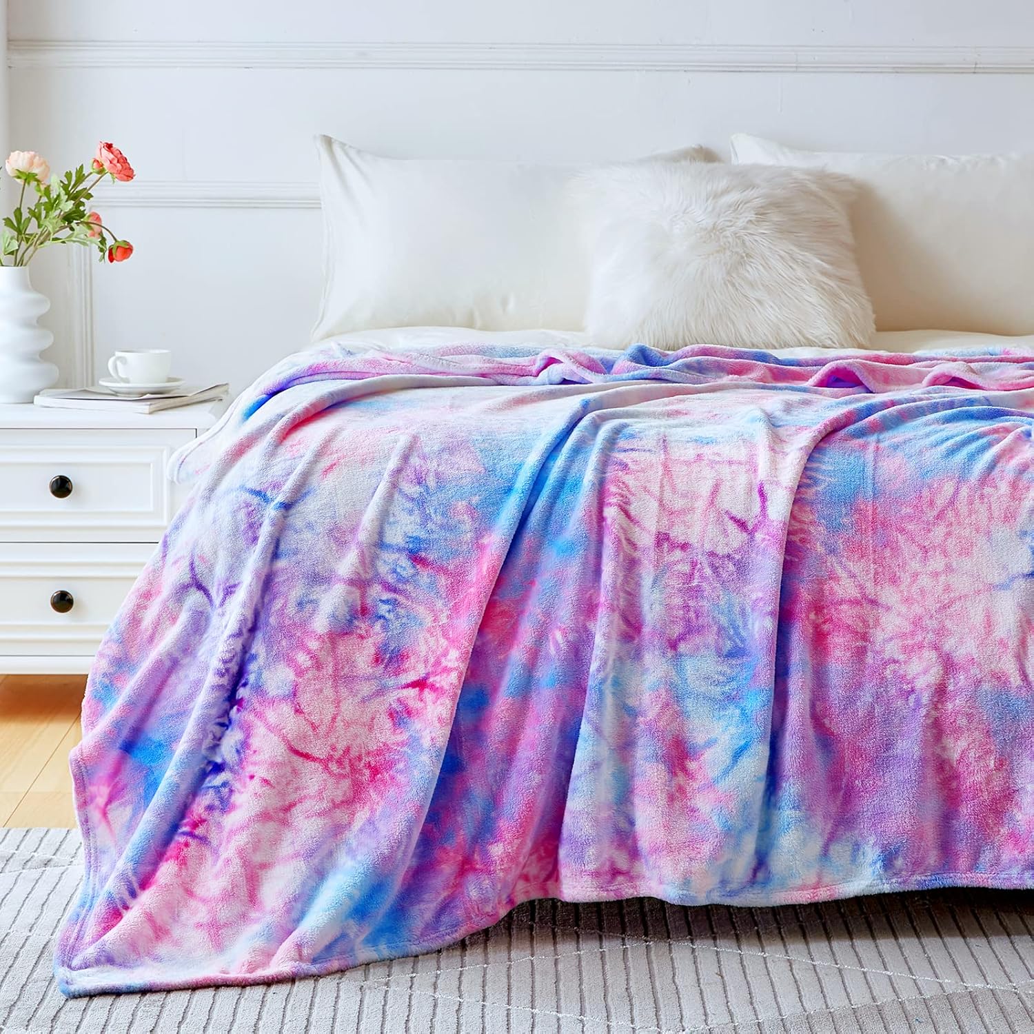Elegear Manta para niñas con diseño de arcoíris, manta de franela única de teñido anudado, supersuave y bonita, decorativa, para el suelo, sofá,
