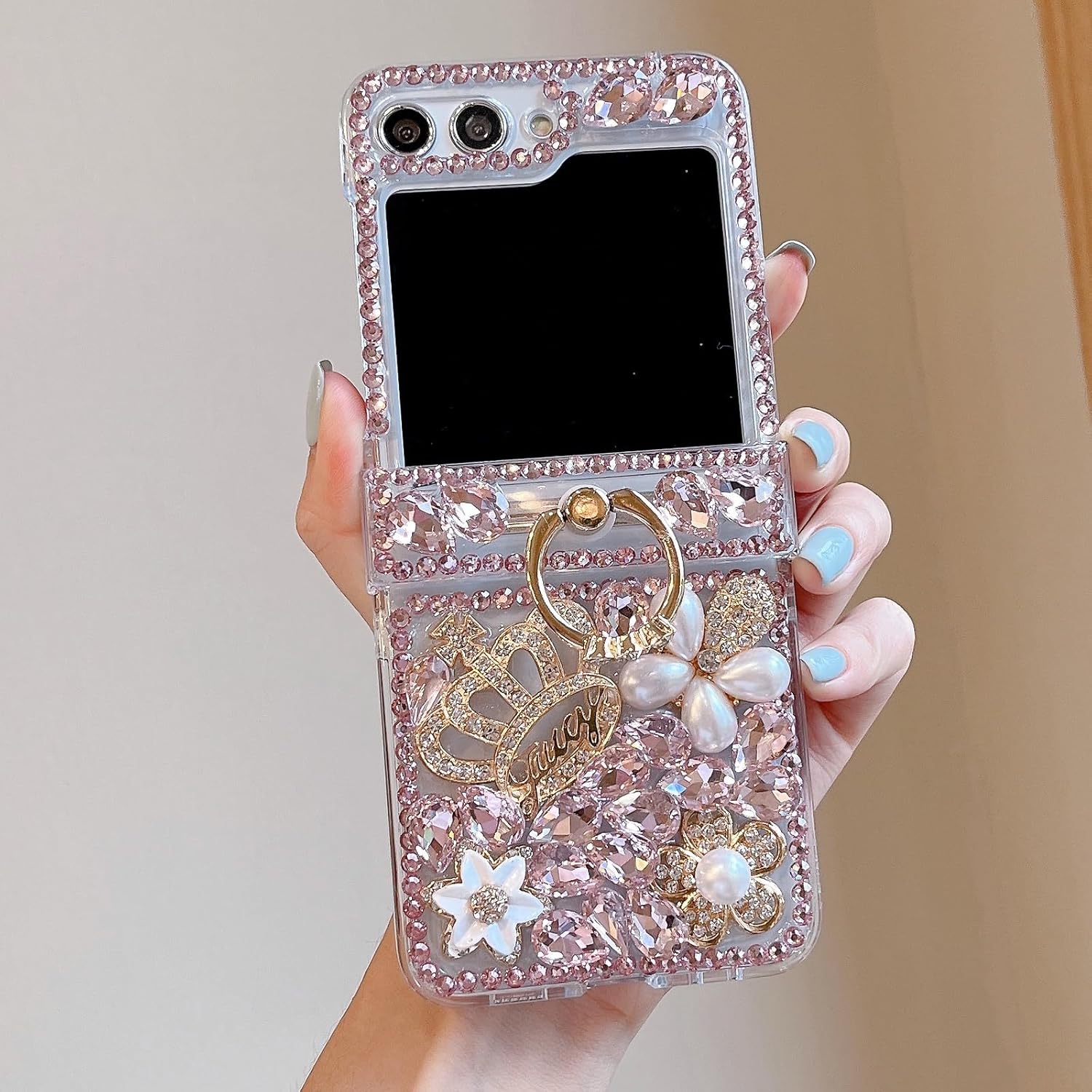 Changjia Funda para Samsung Galaxy Z Flip 5 con purpurina y soporte para anillo de protección de bisagra, bonita y lujosa corona 3D de diamantes de