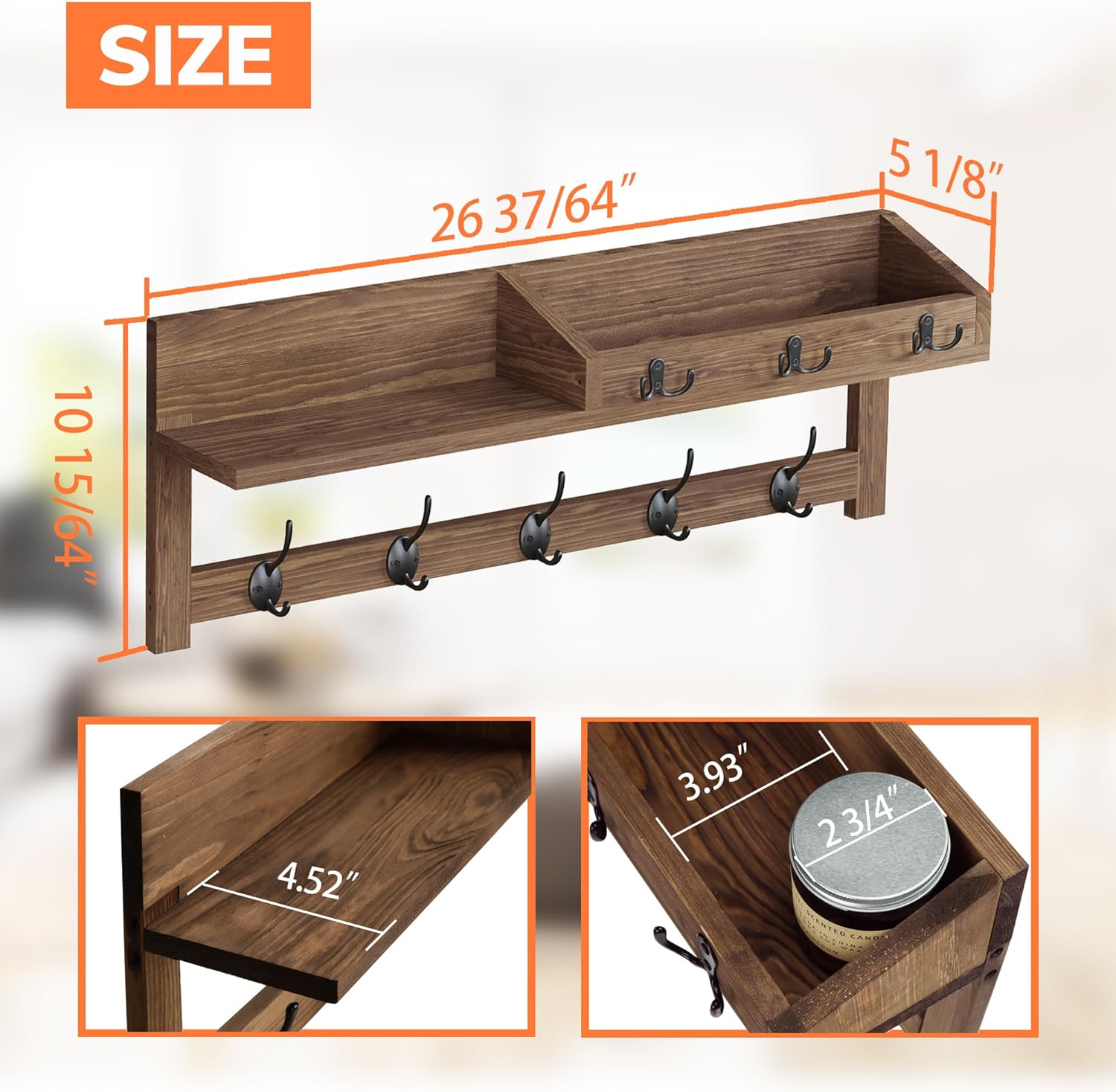 AMBIRD Ganchos de pared con estante de 26.57 pulgadas para colgar en la pared, ganchos de madera para colgar abrigos de pared con estante para