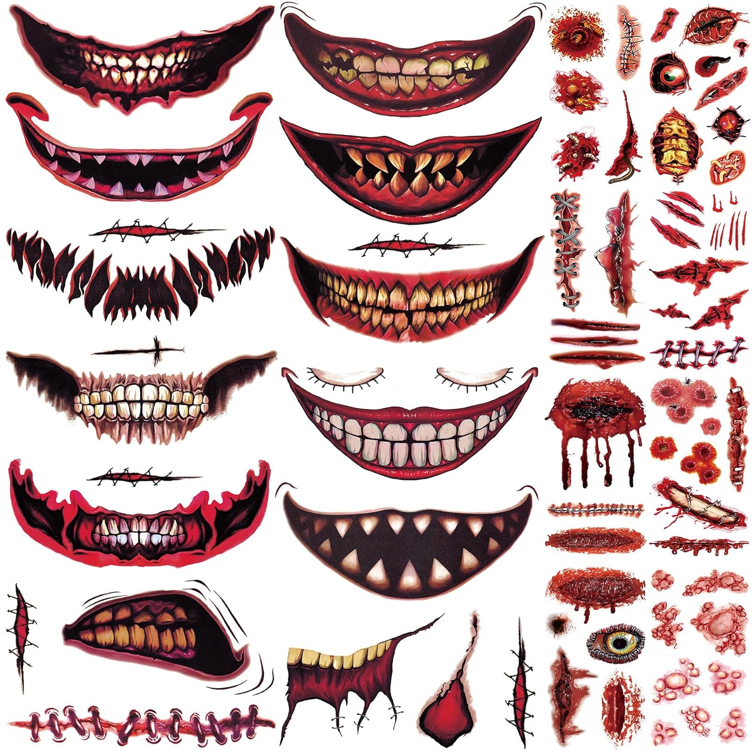 Más de 75 piezas de 21 hojas de tatuajes de Halloween para niños y adultos, tatuajes de maquillaje de zombies, tatuajes de broma de Halloween,