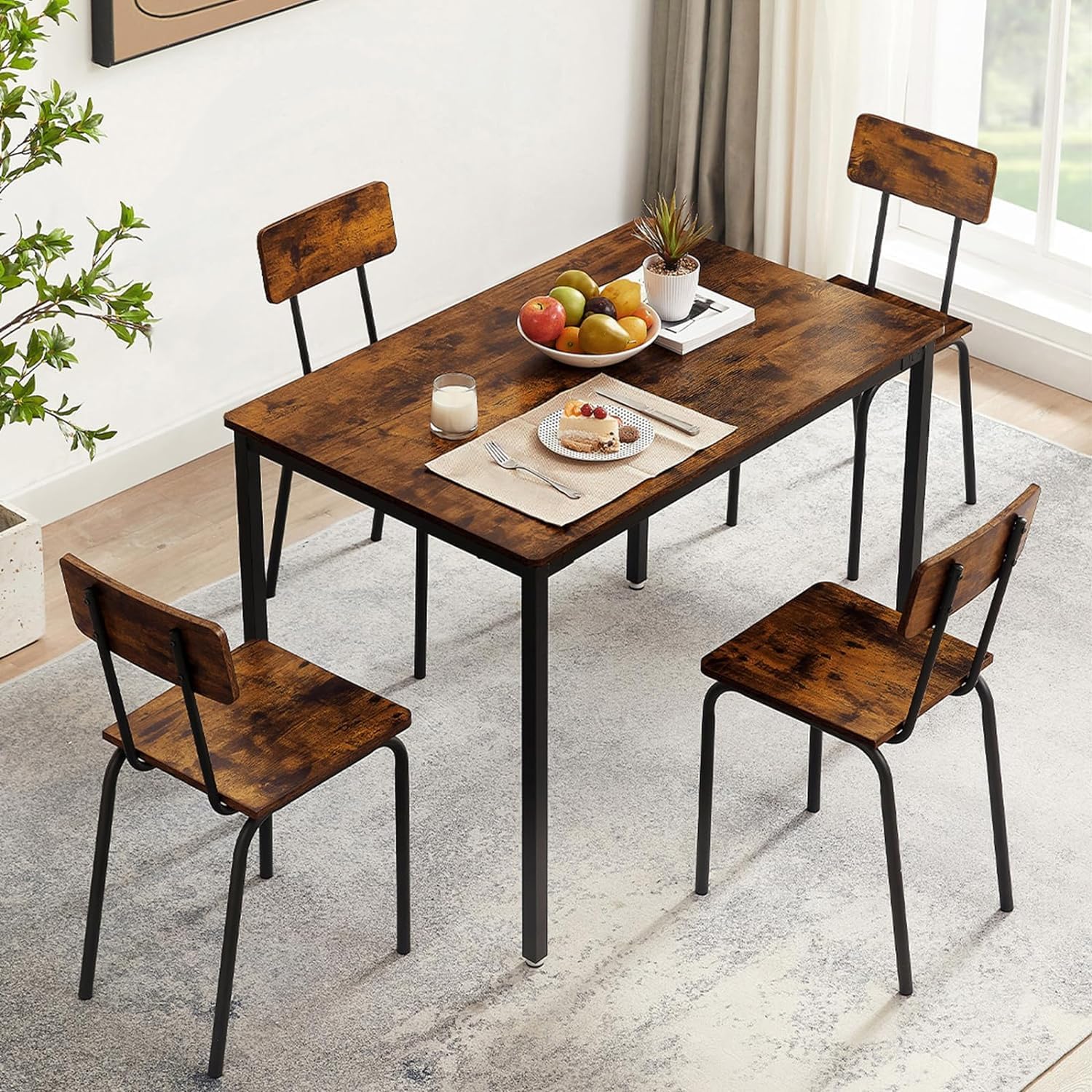 Juego de mesa de comedor de 4 sillas para 4-8, escritorio de cocina moderno que ahorra espacio, casa de campo de estilo industrial de madera, 43