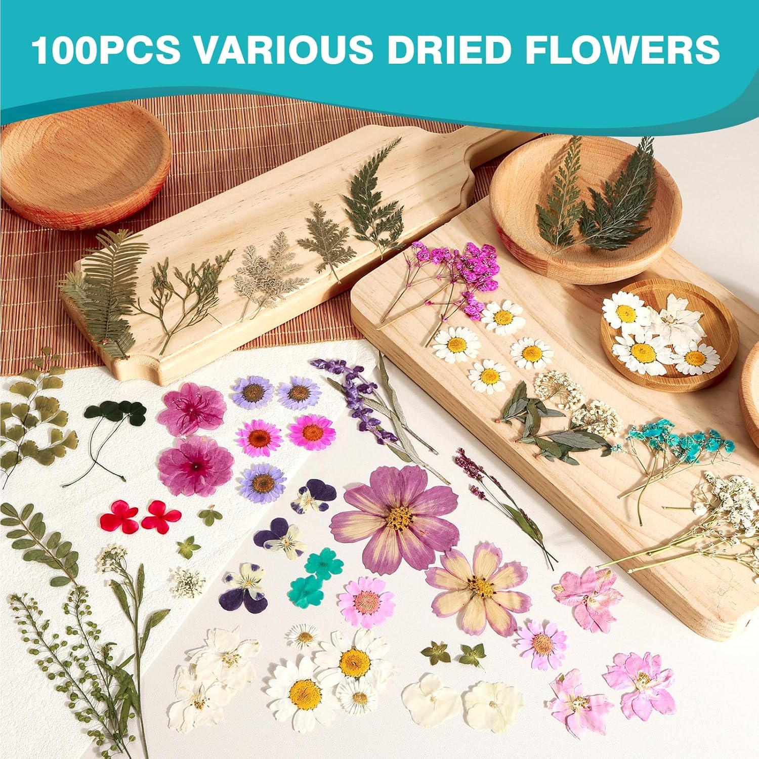 Resiners 100 flores secas prensadas para moldes de resina, flores prensadas reales, kit de hojas secas para manualidades, fabricación de joyas de