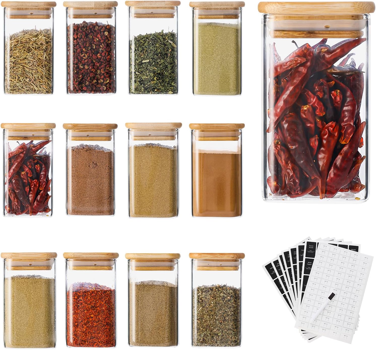 12 tarros de especias de 9 onzas con 275 etiquetas, organizador vacío hermético con tapa de bambú para almacenamiento de alimentos, sal, azúcar
