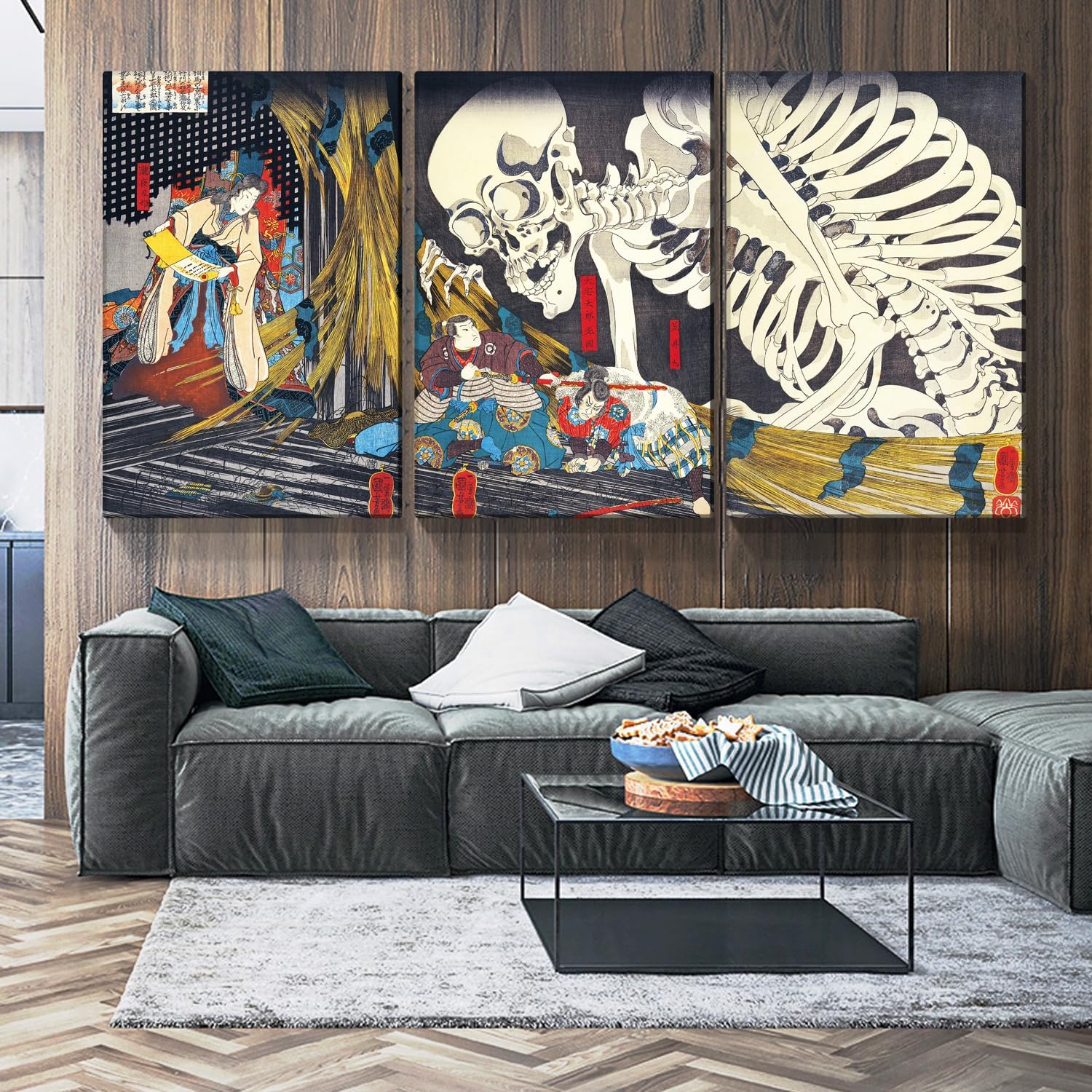 Dimpoli Lienzo de pintura japonesa para decoración de pared, 3 piezas, 24 x 36 pulgadas, Katsushika Hokusai, paisaje de la bruja y el esqueleto de