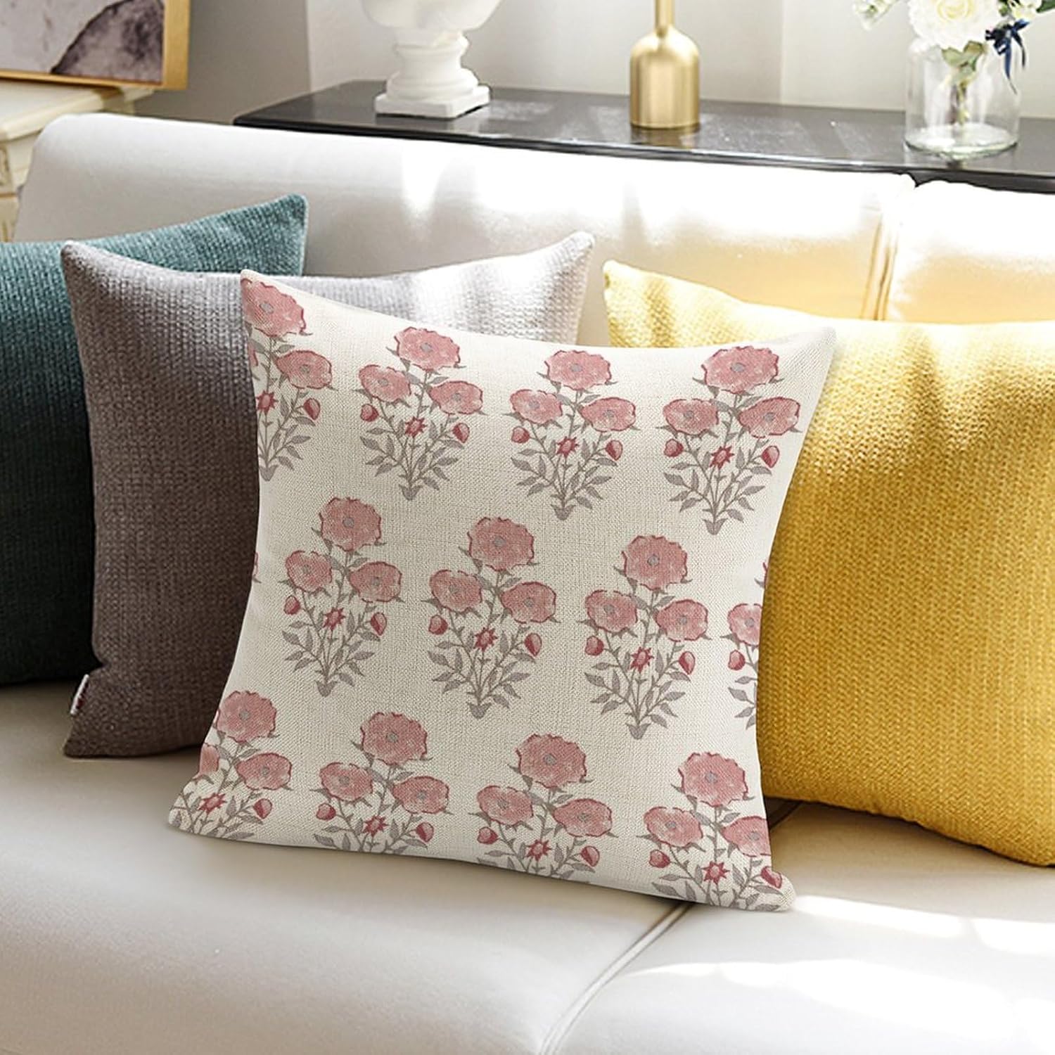 Funda de almohada estilo chinoiserie, diseño de flor mogol en monzón, color rojo rosa, funda de cojín asiática, 24 x 24 pulgadas, decoración del
