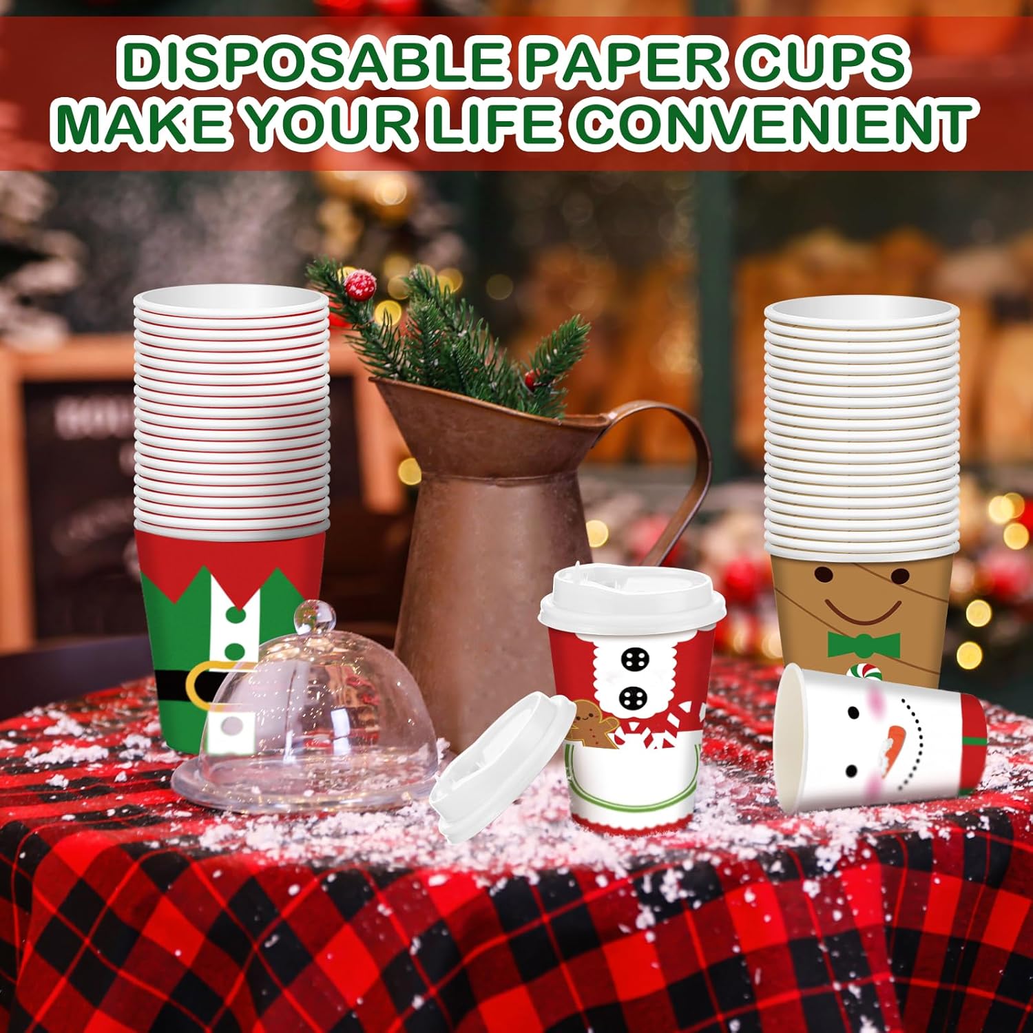 Gerrii Juego de 100 vasos de papel de Navidad desechables de 12 onzas con tapas, tazas de chocolate caliente, tazas de café, tazas calientes de