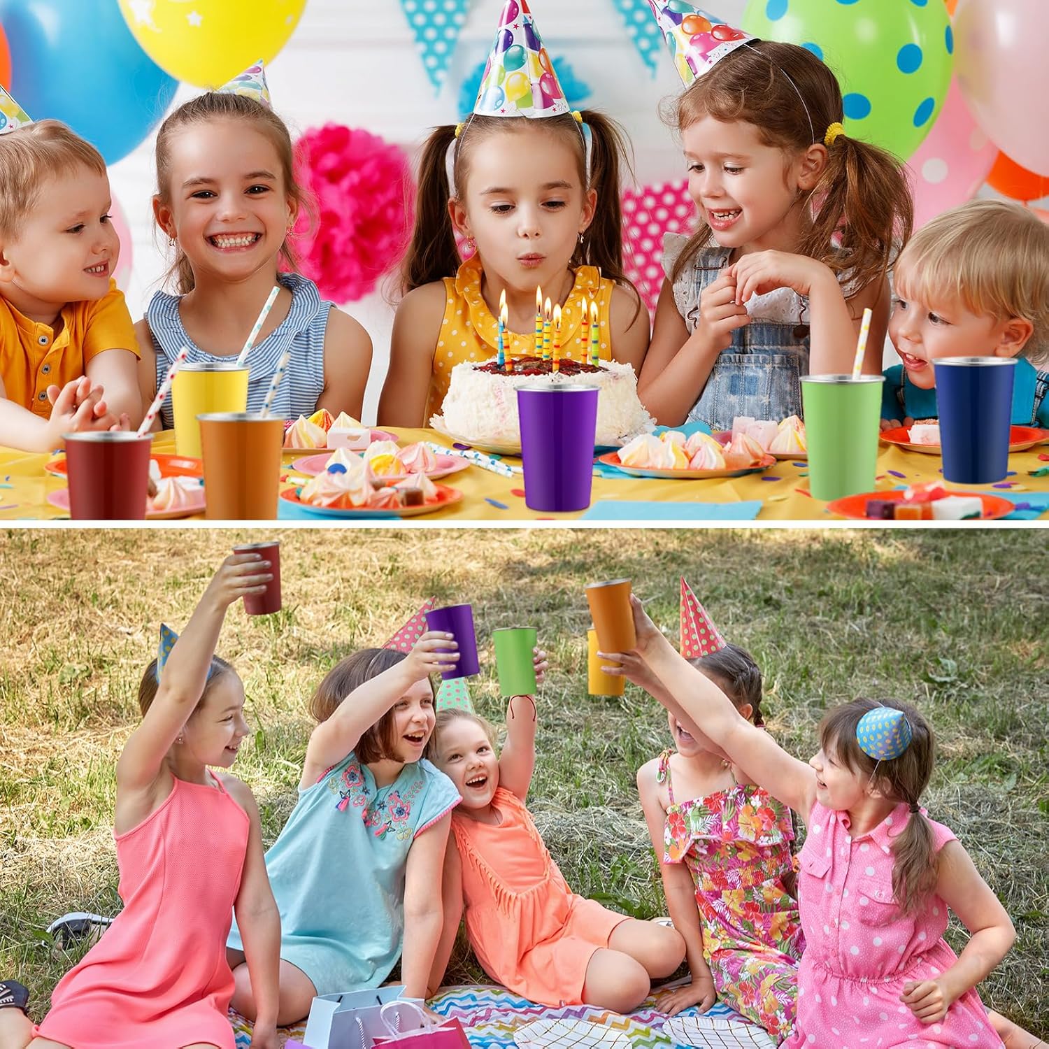 Uiifan 6 vasos de acero inoxidable de 12 onzas para fiestas, apilables, vasos de metal para niños, adultos, viajes, picnic, festivales, campamento
