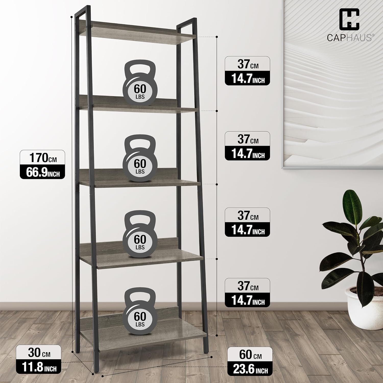 CAPHAUS Estantería con escalera de 5 niveles, estante de pie de 24 pulgadas de ancho, estante de almacenamiento, estantes industriales para libros