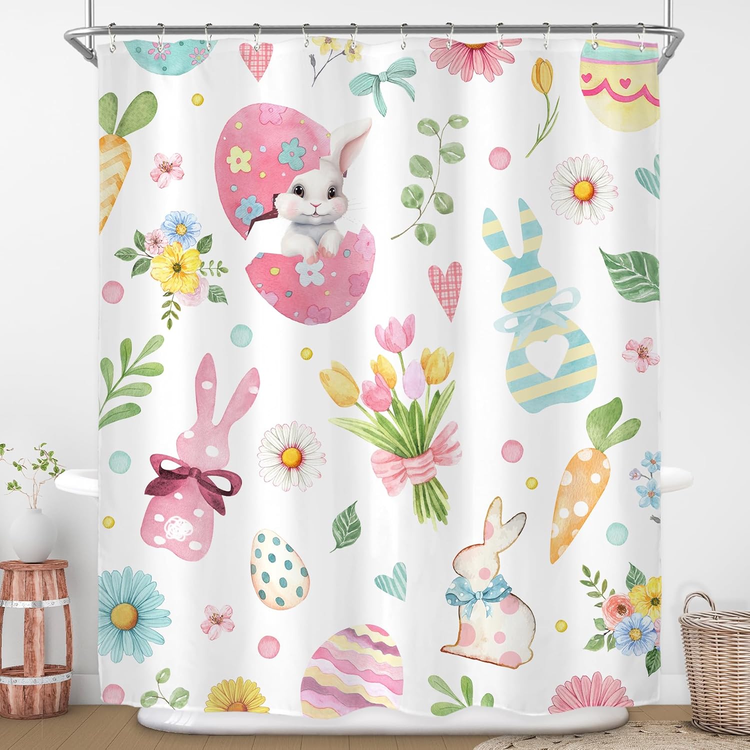 Riyidecor Cortina de ducha de conejo de Pascua para decoración de baño, 60 pulgadas de ancho x 72 pulgadas de alto, lindos huevos de conejo,