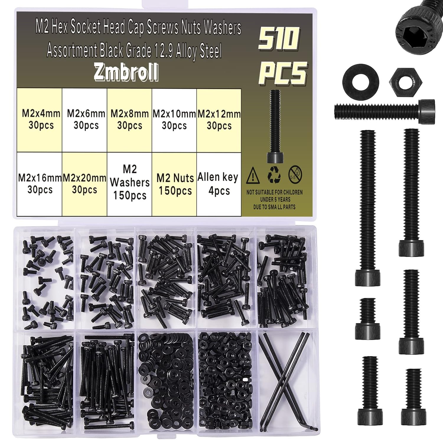 510 piezas de tornillos de casquillo M2, tuercas hexagonales métricas, arandelas de tuercas de acero de aleación de grado 12.9, tapa de cabeza