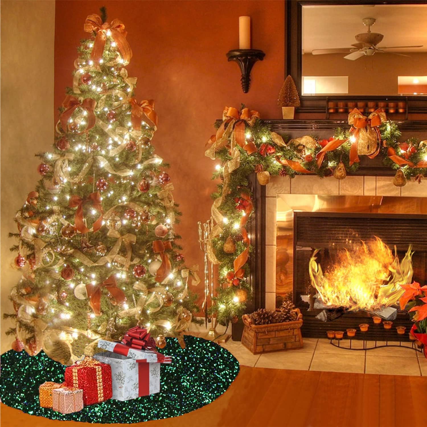 FUHSY Falda de árbol de Navidad de 36 pulgadas, falda de árbol de lentejuelas verde y negra, alfombrillas gruesas de terciopelo para árbol de