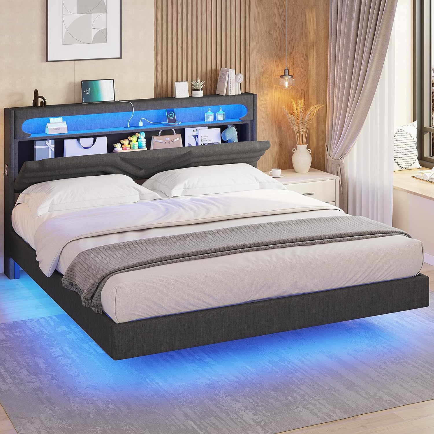 Base de cama flotante Queen con cabecera de almacenamiento y luces LED, base de cama tapizada tamaño Queen con estación de carga tipo C y USB,