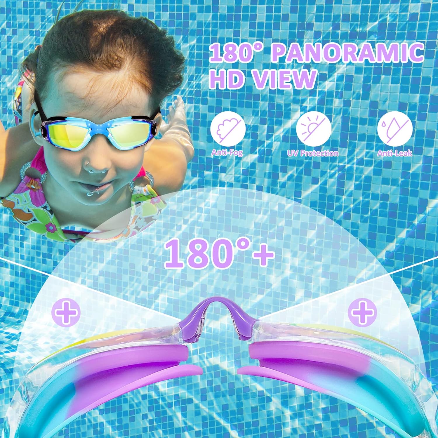 XDX Gafas de natación para niños, paquete de 2 gafas de natación para niños con protección UV, antiniebla sin fugas para niños, niñas, adolescentes