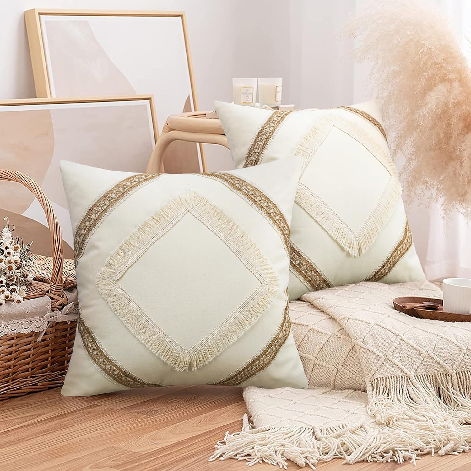 Merrycolor Juego de 2 fundas de almohada neutras de 20 x 20 pulgadas, modernas, rústicas, rústicas, para sofá, sala de estar, beige y blanco crema,