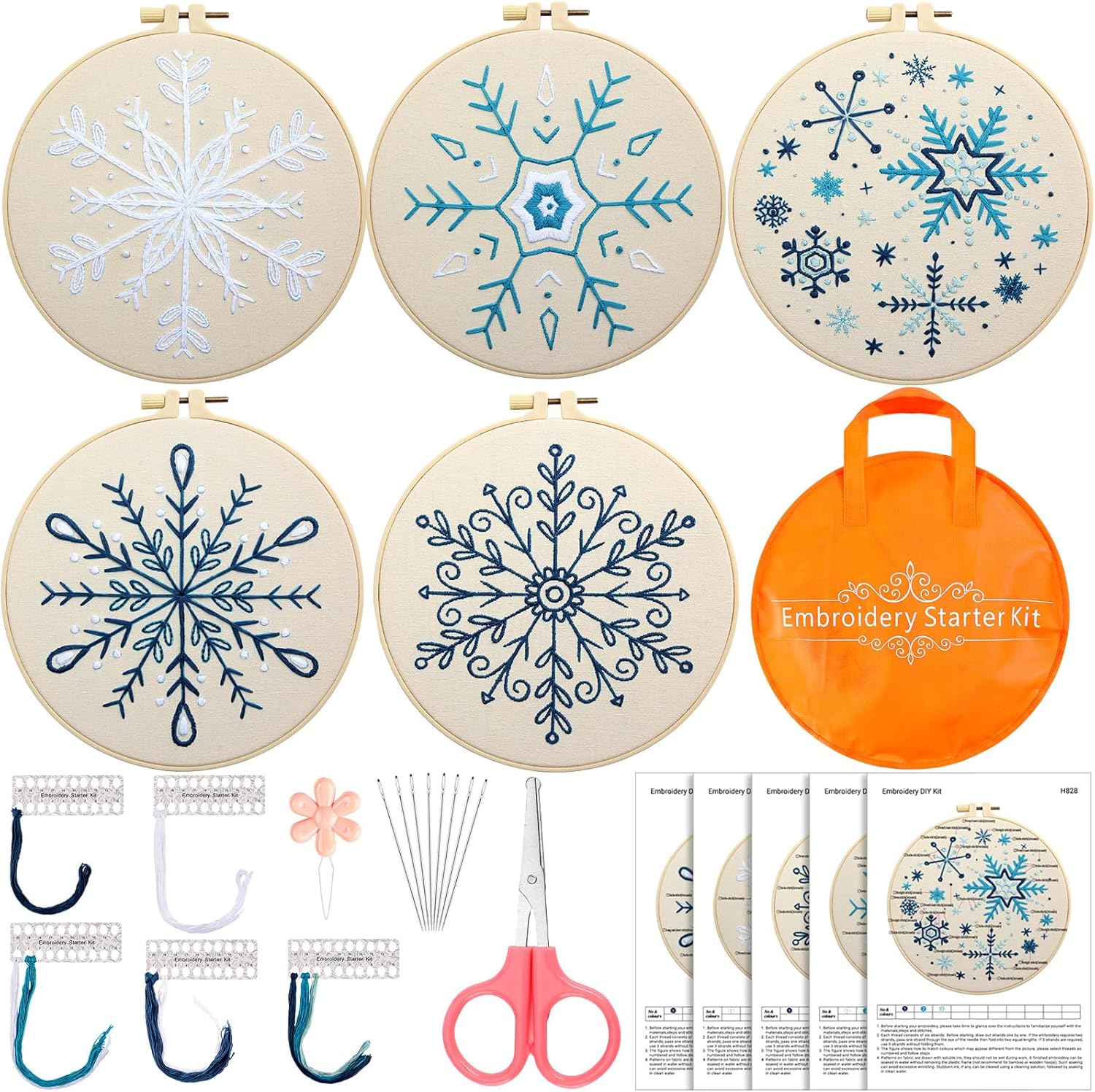 Yuxung Juego de 5 juegos de iniciación de bordado navideño con patrón de copo de nieve, kits de bordado de invierno para principiantes, gama