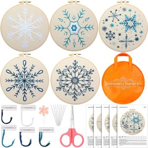 Yuxung Juego de 5 juegos de iniciación de bordado navideño con patrón de copo de nieve, kits de bordado de invierno para principiantes, gama Yuxung Juego de 5 juegos de iniciación de bordado navideño con patrón de copo de nieve, kits de bordado de invierno para principiantes, gama