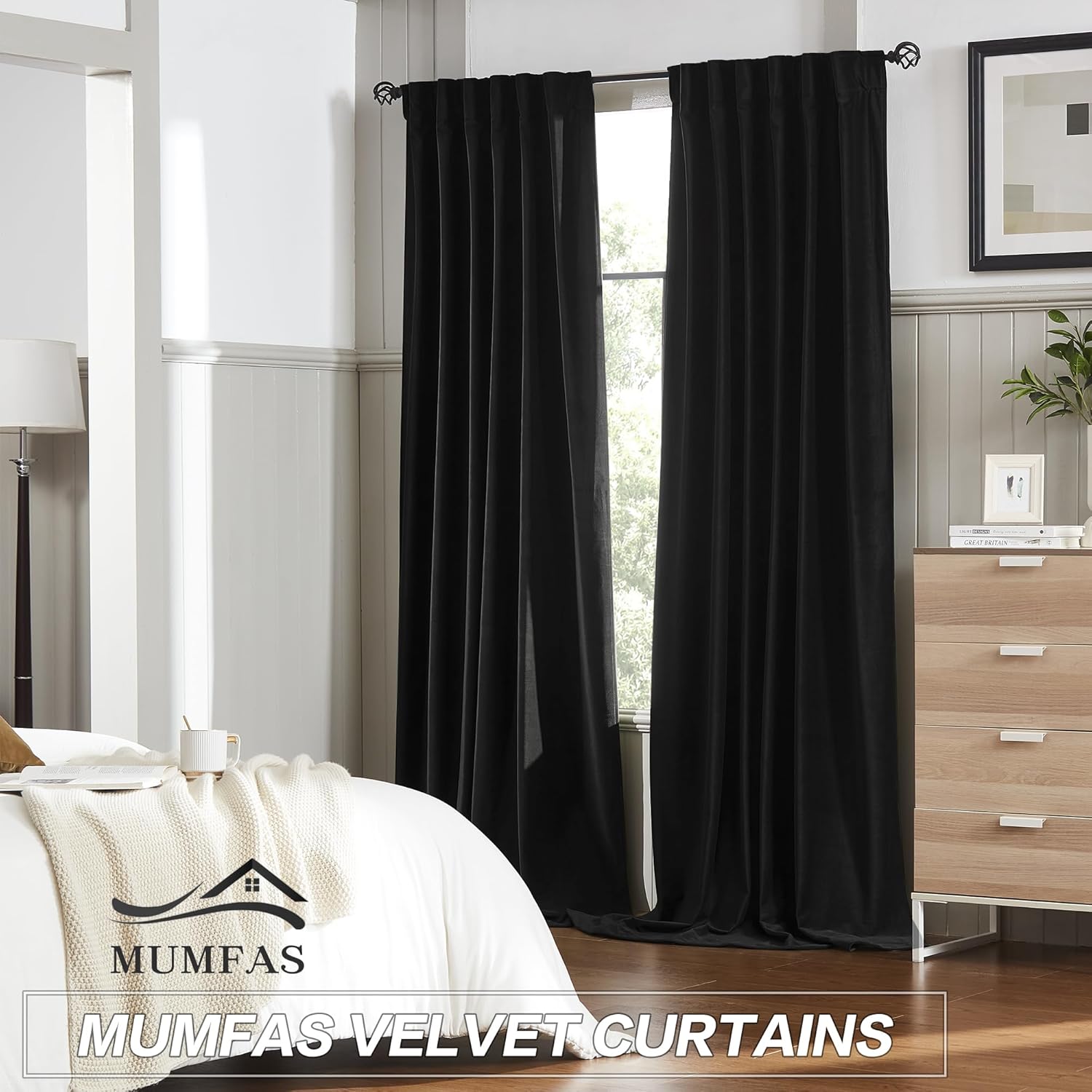 MUMFAS Cortinas opacas de terciopelo de 90 pulgadas para dormitorio, oficina, bolsillo trasero con pestaña trasera, bloqueo de calor, cortinas para
