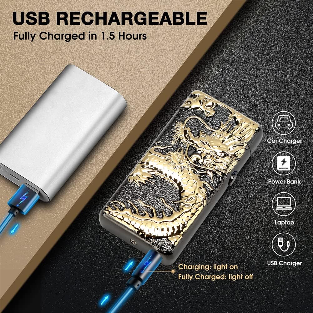 Encendedor electrónico Kivors, de doble arco, recargable por USB, sin llama, con diseño de dragón chino