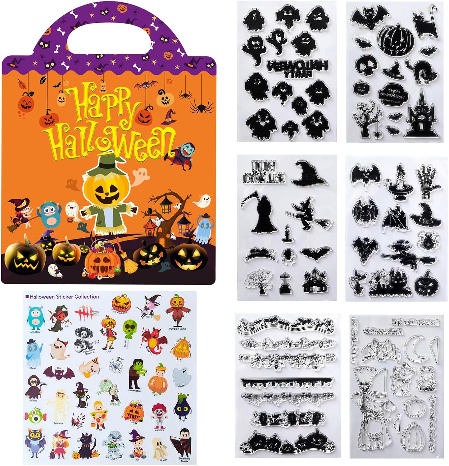 Libro de calcomanías reutilizables y sellos transparentes para niños pequeños, 36 calcomanías extraíbles y 70 sellos de goma para hacer tarjetas,