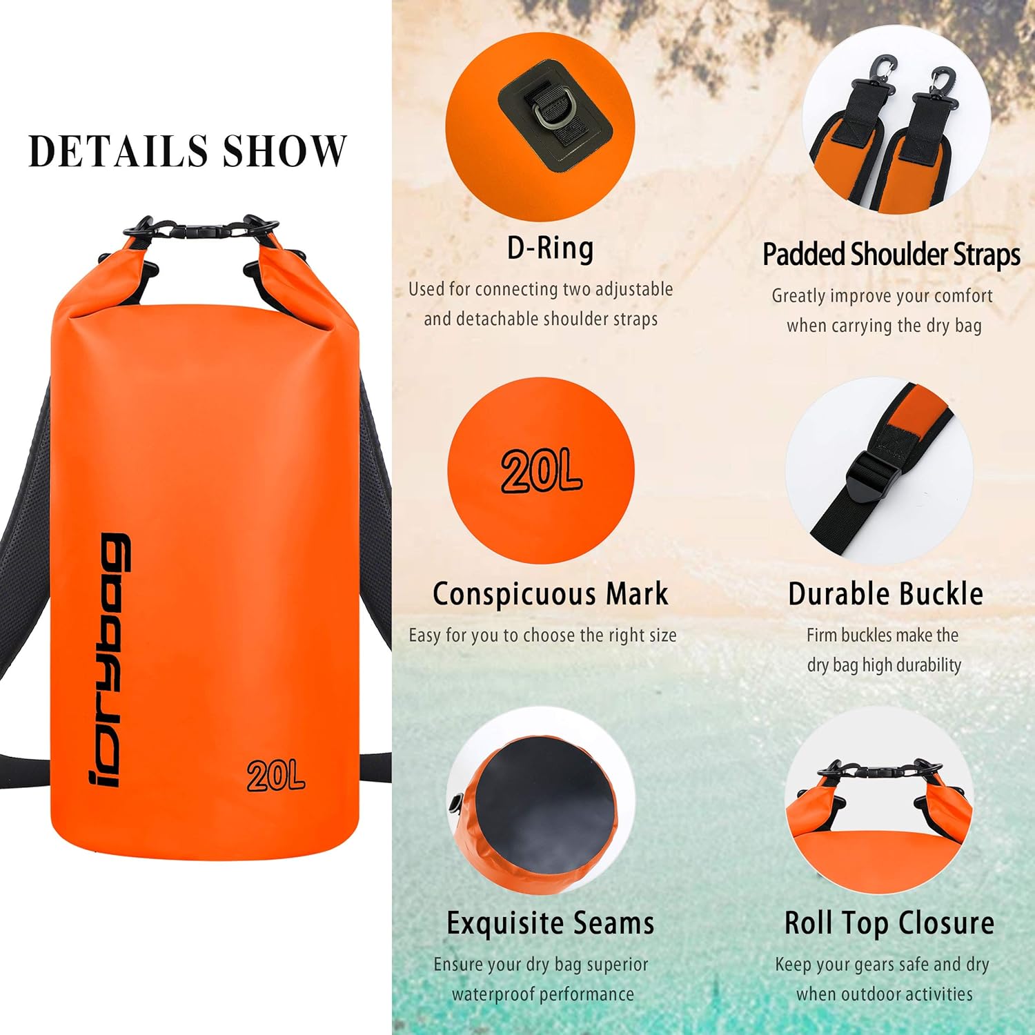 IDRYBAG Bolsas secas para kayak impermeables 2L5L10L15L20L, pequeña bolsa seca impermeable flotante, bolsa impermeable para viajes de paddleboarding