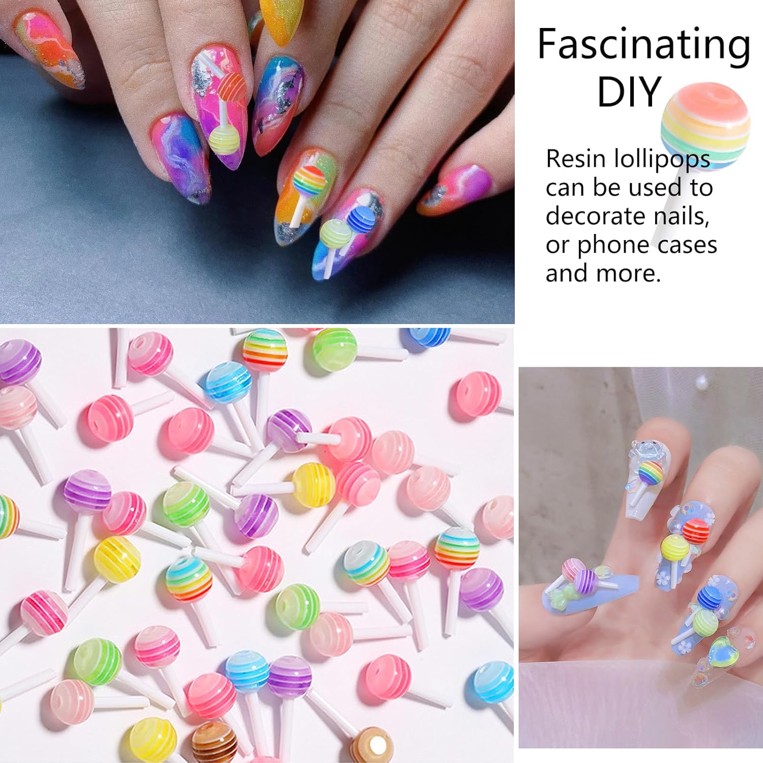 Rainbow 100 dijes de uñas de piruleta 3D, accesorios de uñas de caramelo de macarrón de resina para arte de uñas, bricolaje y decoración