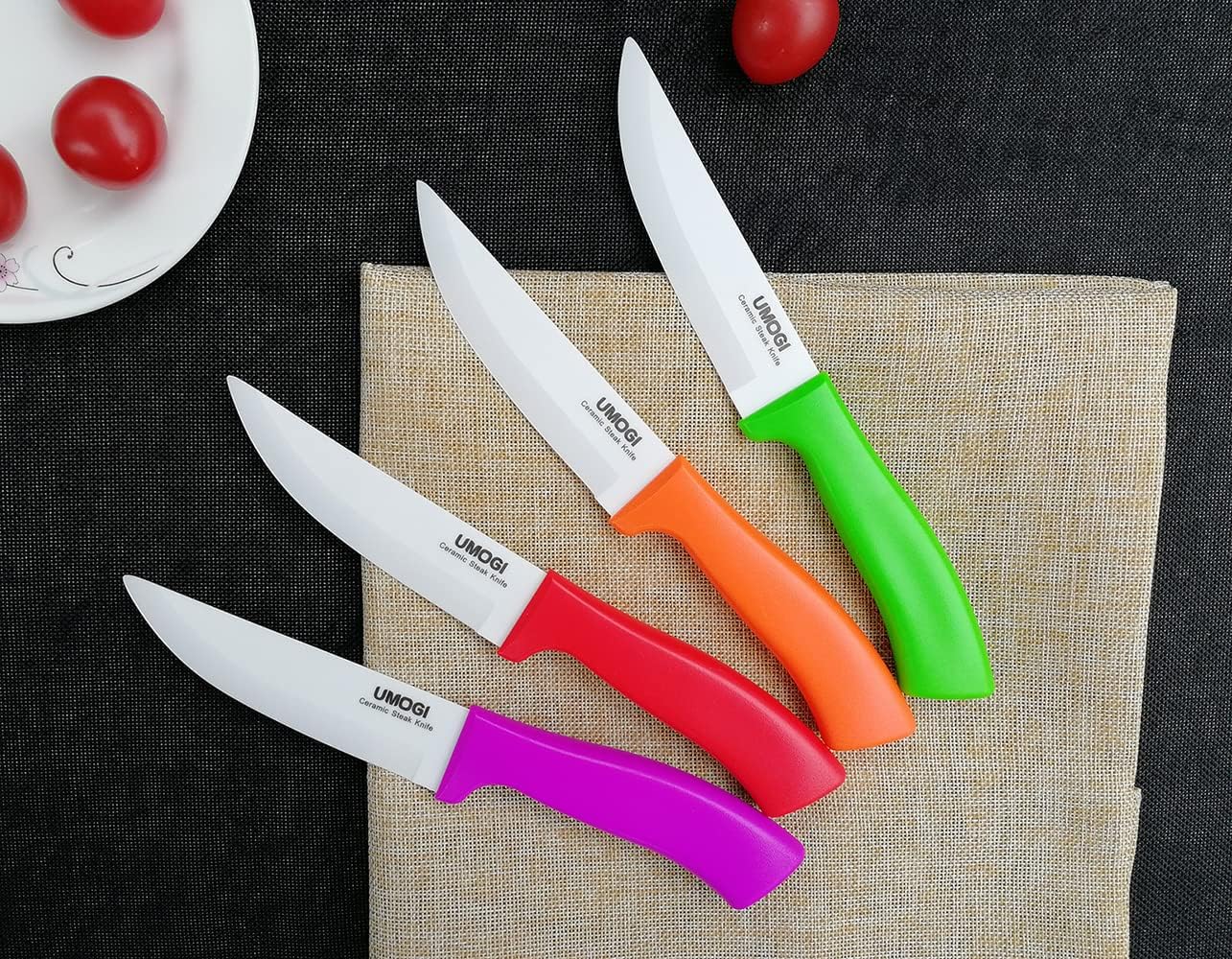 Juego de 4 cuchillos de cerámica para carne con fundas en caja de regalo, cuchillo utilitario de gran tamaño, saludable, resistente a las manchas y