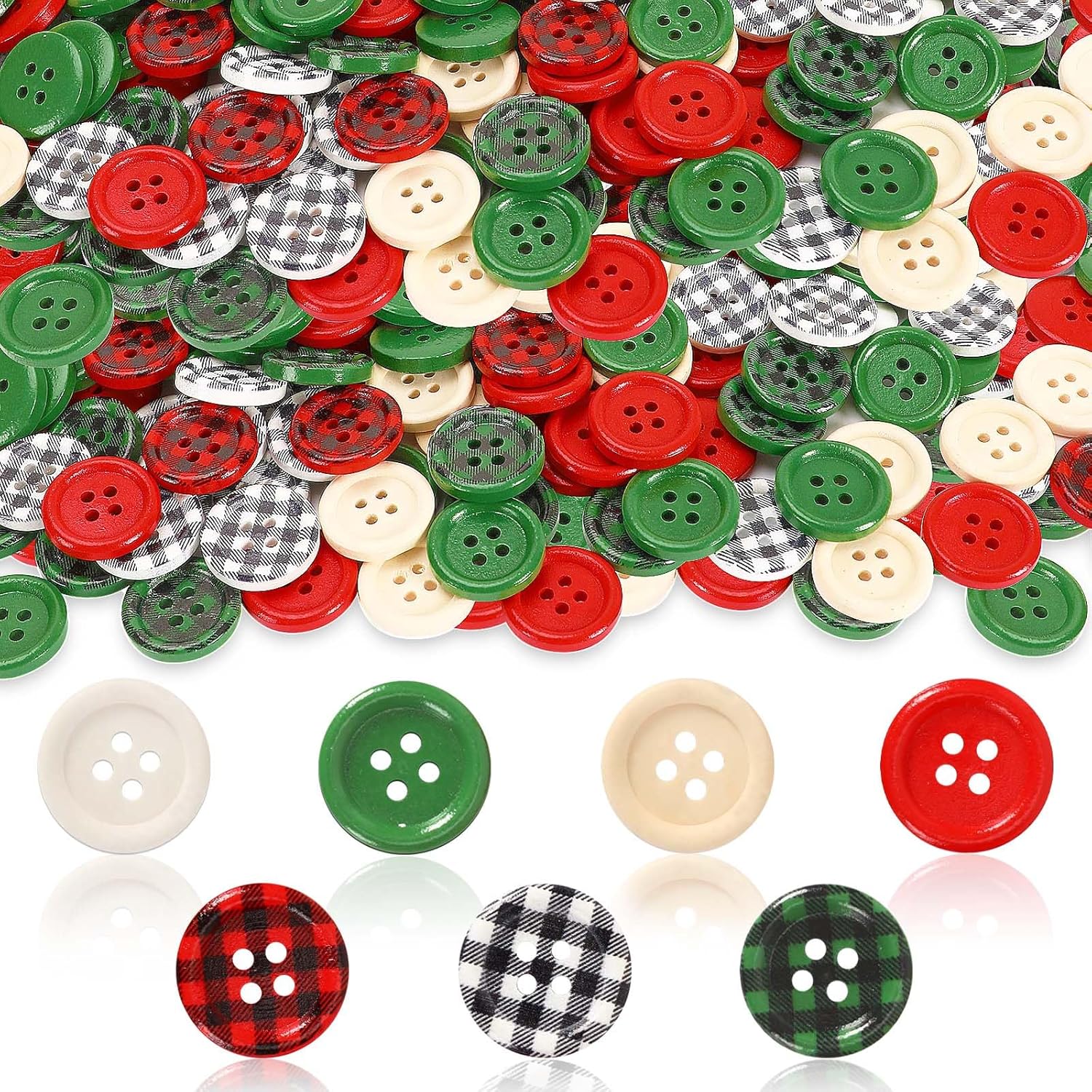 JUNEBRUSHS 260 botones de madera a cuadros de búfalo de Navidad, 4 agujeros, botones redondos de madera para calcetines de Navidad, decoración de