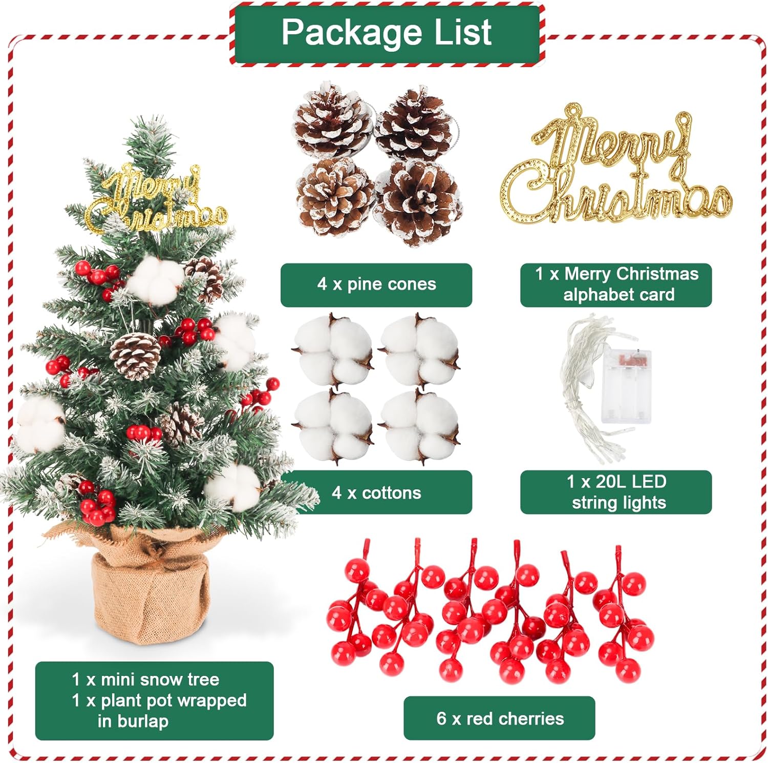 Mini árbol de Navidad artificial, de 21 pulgadas, pequeño árbol de Navidad flocado de nieve con adornos colgantes para vacaciones, interiores,