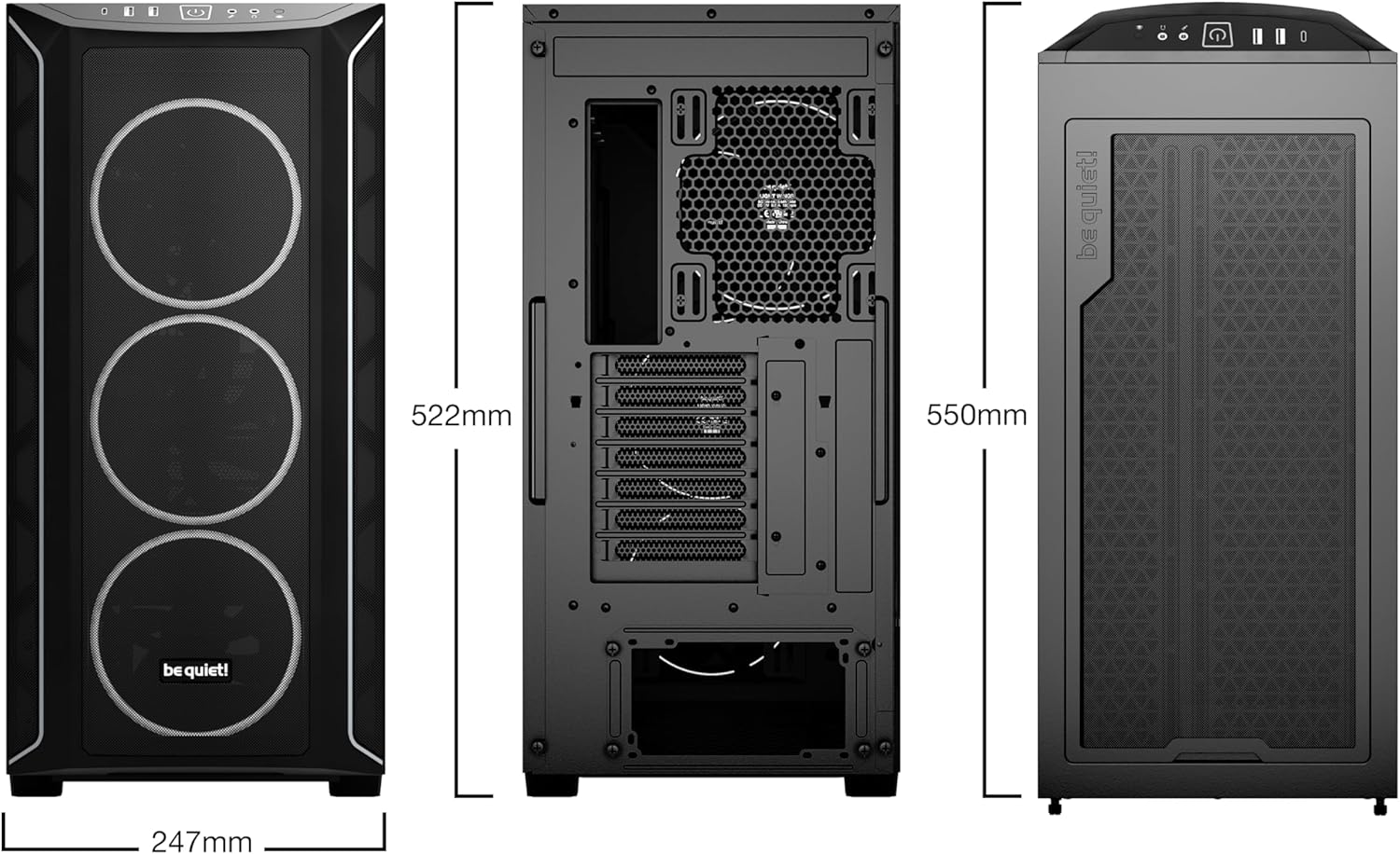 be quiet! Shadow Base 800 FX – ARGB – 4 ventiladores PWM de 5.512 in de alas ligeras – Carcasa para juegos de PC de torre media – Radiadores de