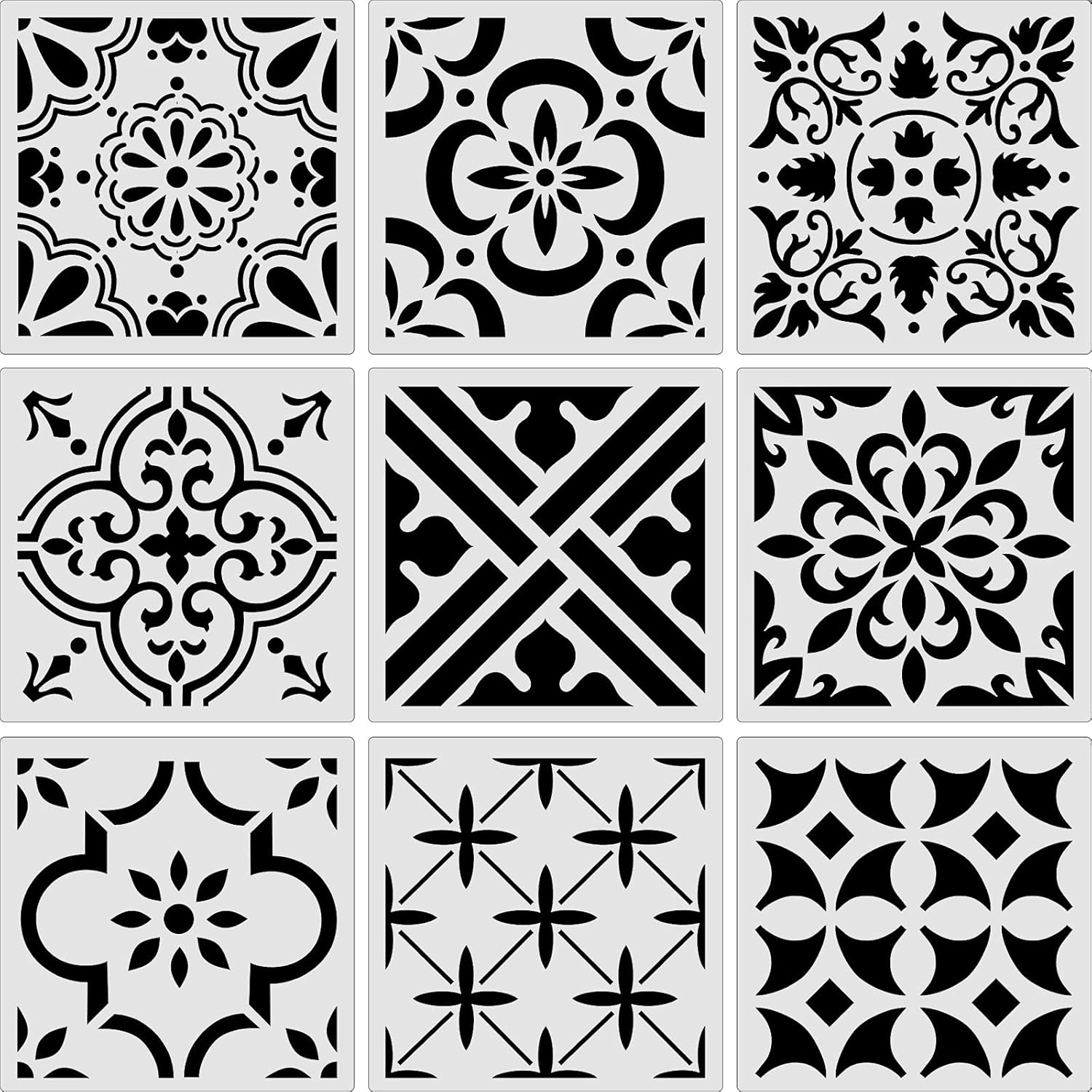 9 plantillas de pintura de piso, plantillas de azulejos grandes, plantillas de dibujo de pared, kit de plantillas de piso en 9 estilos para pintar