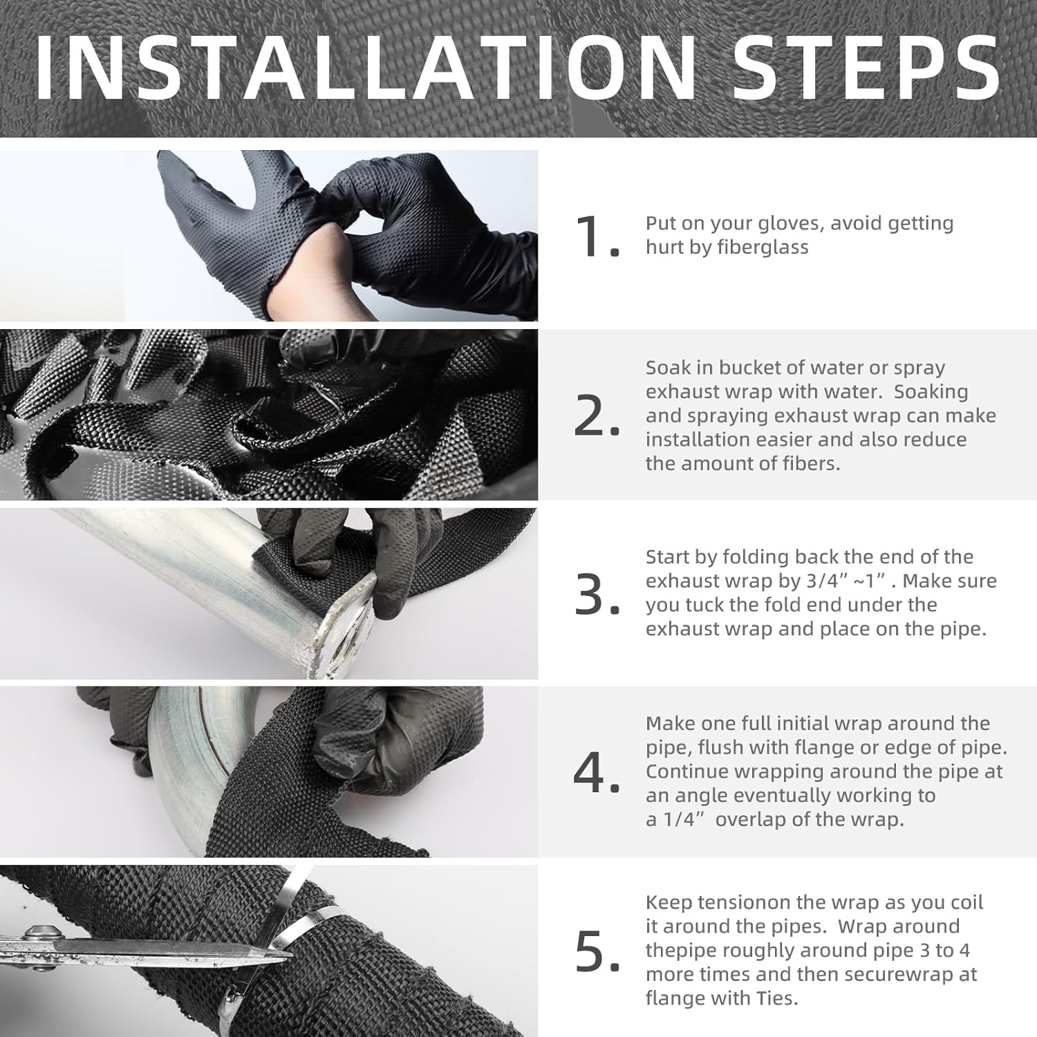 CARDI Cinta de protección térmica de fibra de vidrio negra de 1 pulgada x 16 pies con 4 lazos y guantes de acero inoxidable negro